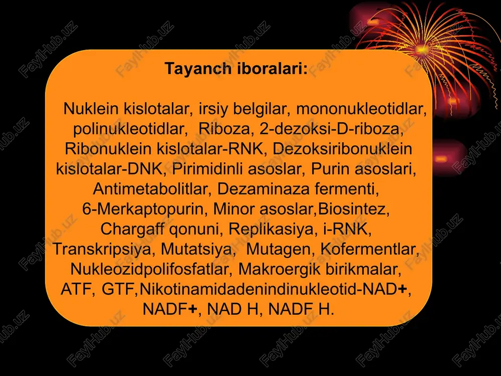 uzun zanjirga birikib polikondensatlanishning yukori molekulyar maxsulotlari – nuklein kislotalarni xosil kiladi. rnk va dnk lar bir xil tipdagi tuzilishga ega. ularning molekulalarida fosfat kislota qoldig'i bitta nukleotid shakari (riboza yoki dezoksiriboza) ning beshinchi uglerod atomini boshqa nukleotidshakarining uchinchi uglerod atomi bilan bog'laydi. natijada poliefir tuzilishli birikma xosil bo'ladi. polinukleotidning kovalent bog'lar bilan tutash zanjirga bog'langan nukleotid zvenolarning ketma-ketligi nuklein kislotalarning birlamchi tuzilishi deyiladi. nuklein kislotalarning birlamchi tuzilishi polinukleotid zanjirining sxemasi bunda nukleotidlar ketma-ketligiga qat'iy rioya qilinadi dnk ning ikkilamchi tuzilishi dnk ning ikkilamchi tuzilishi bu uning molekulasidagi polinukleotid zanjirlarning fazoviy tuzilishidir. dnk ning ikkilamchi tuzilishini 1953 yili dj. uotson va f.krik taklif kildilar. bunga asosan dnk molekulasi ikkita spiralsimon burilgan juda uzun polidezoksiribonukleotid zanjirlardan iborat. bu spiralsimon zanjirlar umumiy o'q atrofida to'g'ri o'ralgan buladi. xar ikkala zanjirning geteroxalkali asoslari spiralning ichki qismiga joylashgan bulib, vodorod boglanishlar yordamida bir spiralni ikkinchi spiral oldida ushlab turadi birinchi zanjirning purinli asoslariga xamma …