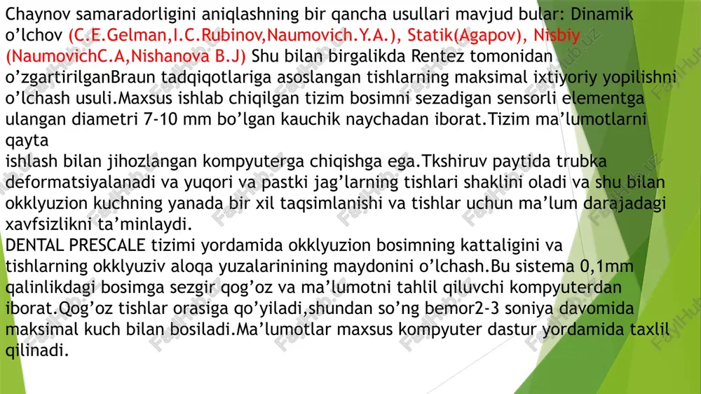 damida tekshirish bo‘yicha ishlaganlar. artikulatsiya 1. artikulyatsiyaning asosiy tushunchasi artikulyatsiya – bu chaynash, gapirish va yutish jarayonida tishlarning bir-biriga nisbatan harakati. agar artikulyatsiya noto‘g‘ri bo‘lsa, tishlar va jag‘larda muammolar yuzaga kelishi mumkin.muhim jihatlar:artikulyatsiya pastki jag‘ning yuqori jag‘ga nisbatan harakatlanishi bilan bog‘liq.tishlarning okklyuziyasi (bir-biriga tegishishi) to‘g‘ri bo‘lishi kerak.agar artikulyatsiya noto‘g‘ri bo‘lsa, bu chaynash muammolari, tish og‘rig‘i va tishlarning erta yemirilishiga olib kelishi mumkin.2. artikulyatsiya turlari 1. markaziy artikulyatsiya (statik artikulyatsiya)og‘iz to‘liq yopilganda, pastki va yuqori tishlar qanday joylashgan bo‘lsa, shu holat.tishlar bir-biriga simmetrik va teng bosim bilan yopishishi kerak.markaziy artikulyatsiya tish protezlarini tayyorlash uchun muhimdir.2️.dinamik artikulyatsiya.jag‘ harakatlanayotganda tishlarning qanday harakat qilishi.chaynash jarayonida pastki jag‘ oldinga, yon tomonlarga va orqaga harakat qiladi.dinamik artikulyatsiya noto‘g‘ri bo‘lsa, bo‘g‘im va mushaklar zo‘riqishi mumkin.3.oldinga artikulyatsiya (protruziv artikulyatsiya) pastki jag‘ oldinga harakatlanishi.masalan, kimdir oldingi tishlari bilan ovqatni tishlaganda yoki tilni oldinga chiqarishda kuzatiladi.4️.yon artikulyatsiya (laterotruziv artikulyatsiya) pastki jag‘ning chapga yoki o‘ngga harakatlanishi.asosan yon tishlar bilan chaynash jarayonida …