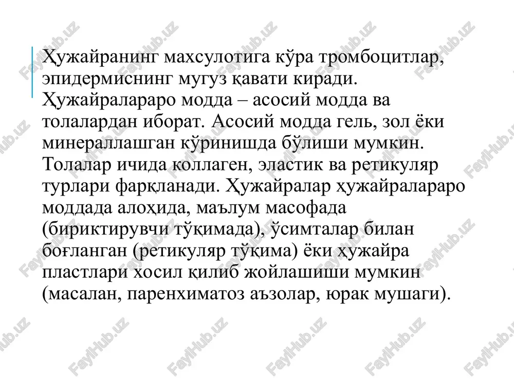 fasi – so'rish. buyrakning yig'uvchi naychasidagi bir qavatli kubsimon epiteliy buyrak kanalchalaridagi bir qavatli kubsimon epiteliy : 1-hujayraning apikal qismi, 2- hujayraning bazal qismi, 3-yadro bir qavatli tsilindrsimon epiteliy. oshqozon, ingichka va yo'g'on ichak, jigarning, me'da osti bezining yirik naylarini, o't pufakchani, bachadonni qoplab turadi. bu baland hujayralar, yadrosi bazal qismda yotadi, hujayra ko'ndalang kesimida geksagonal ko'rinishga ega, bir-biriga zich yotadi. bu epiteliy hujayralarining ichida sekretor (oshqozon va ichakdan shilliq ajratuvchi) va ichakdagi so'ruvchi enterositlar farqlanadi, enterotsitlarning yuzasida ko'plab mikrovorsinkalar bo'lib, ular hujayraning yuzasini kengaytirib turadi. ularda (jiyakli hoshiyada) oziq moddalarning fermentativ parchalanishi va enterotsitlarga pinositoz yo'l bilan so'rilishi yuz beradi, keyinchalik lizosomalar yordamida parchalanadi va qonga transport qilinadi. buyrak kanalchalaridagi bir qavatli tsilindrik epiteliy o't pufagidagi bir qavatli prizmatik epiteliy bir qavatli prizmatik epiteliy ingichka ichakning bir qavatli prizmatik jiyakli epiteliysi jiyakli enterotsit apikal qismining ultrastrukturasi-mikrovorsinka ko'p qatorli epiteliy. bu epiteliyni yana yolg'on ko'p qavatli deb ham ataladi, chunki …