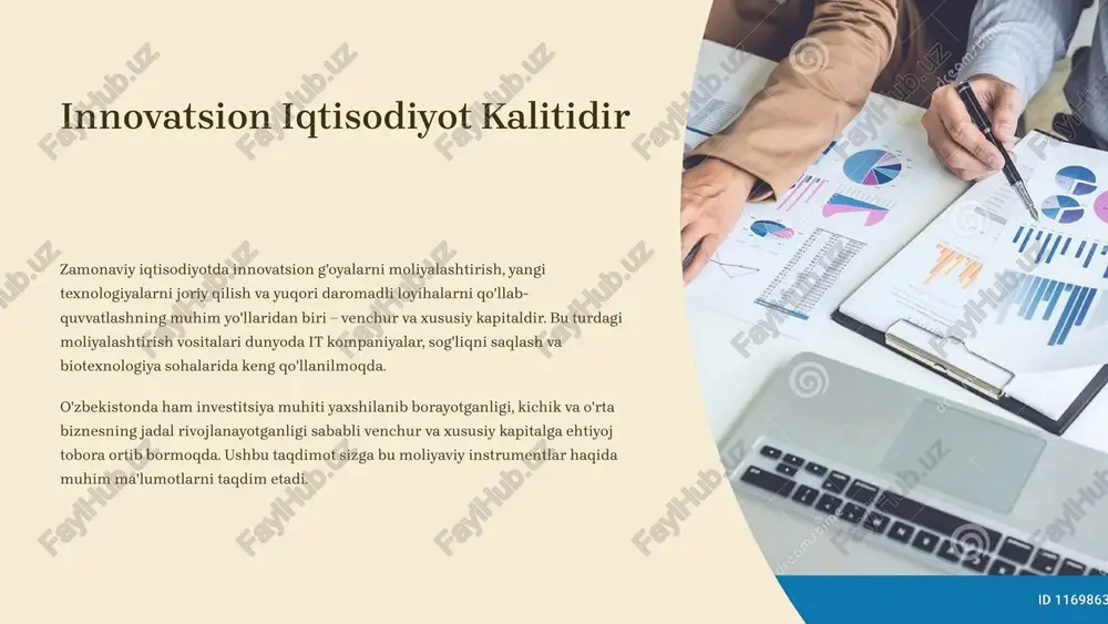 fokus sohalariga ega. startap asoschilari bu farqlarni tushunib, o'z biznesiga mos keladigan moliyalashtirish manbalarini tanlashlari muhimdir. venchur kapital fondlari maxsus fondlar bo'lib, ular boy shaxslar, pensiya fondlari, sug'urta kompaniyalari va boshqa institutsional investorlardan pul yig'ib, startaplarga investitsiya qiladi. ular odatda aniq investitsiya strategiyasi va soha fokusiga ega bo'ladi. angel investorlar yuqori boylikka ega shaxslar bo'lib, ular o'z shaxsiy mablag'larini startaplarga investitsiya qiladi. ular ko'pincha dastlabki bosqichlarda investitsiya qiladi va qo'shimcha ravishda mentorlik ham taqdim etadi. qaror qabul qilish jarayoni tezroq va egiluvchanligi bilan ajralib turadi. korporativ venchur kapital yirik korporatsiyalar tomonidan tashkil etiladigan fondlar bo'lib, ular startaplarga strategik maqsadlarda investitsiya qiladi. bunday investitsiyalar orqali korporatsiyalar yangi texnologiyalarga ega bo'lish, innovatsiyalarni o'zlashtirish va bozorda raqobatbardoshlikni oshirishni ko'zlaydi. 6 xususiy kapital: mohiyati va afzalliklari xususiy kapital (private equity) – bu kompaniyalarning aksiyalarini sotib olish yoki ularga kredit berish orqali moliyalashtirish bo'lib, ular odatda fond birjasida ochiq savdoda bo'lmaydi. xususiy kapital fondlari katta …