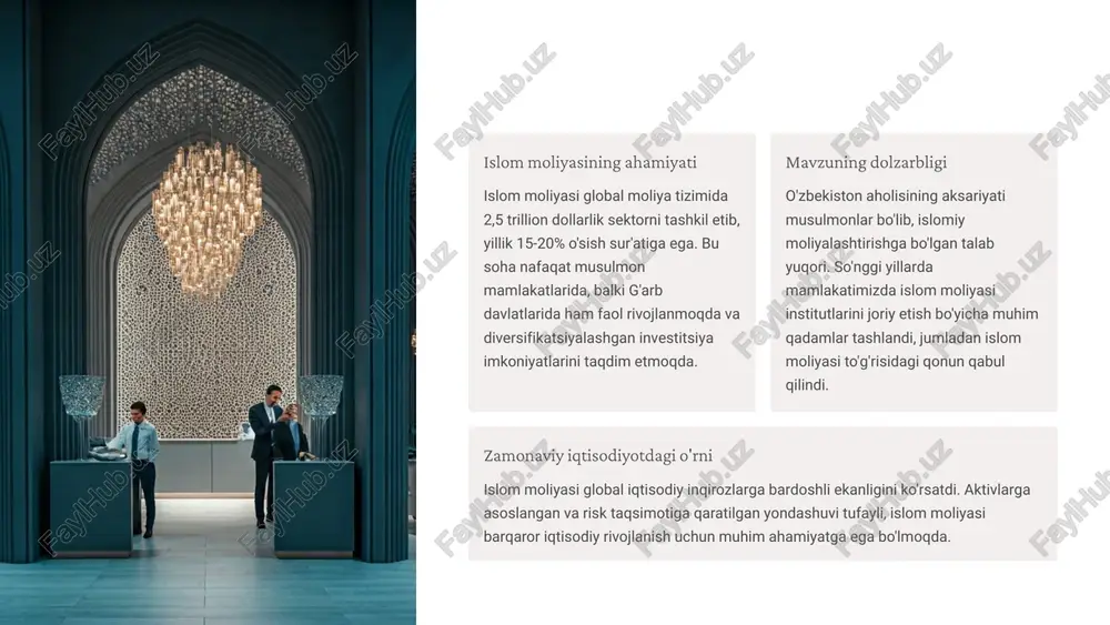 estitsiya vositalari: umumiy ko'rinish mushoraka (sheriklik) tomonlar loyihaga ma'lum miqdorda mablag' kiritadi va kelishilgan nisbatda foyda va zararni taqsimlaydi. bu teng sheriklikka asoslangan moliyalashtirish usuli hisoblanadi. mudaraba (investitsiya sherikchiligi) bir tomon mablag' (investor), ikkinchi tomon o'z mehnati va tajribasini (tadbirkor) taqdim etadi. foyda kelishilgan nisbatda taqsimlanadi, zarar esa faqat investorga tegishli bo'ladi. murabaha (savdo asosidagi moliyalashtirish) moliya instituti mijoz uchun tovarni sotib olib, unga kelishilgan ustama bilan qayta sotadi. to'lov odatda bo'lib-bo'lib amalga oshiriladi. ijara (lizing) moliya instituti aktivni sotib oladi va mijozga ijaraga beradi. ijara muddati tugagach, aktiv mijozga sotilishi yoki sovg'a qilinishi mumkin. 7 mushoraka: hamkorlikka asoslangan moliyalashtirish foyda taqsimoti kelishilgan nisbatda bo'linadi risk taqsimoti barcha tomonlar o'z ulushiga qarab risk oladi investitsiya ulushi har bir tomon ma'lum miqdorda kapital qo'shadi mushoraka - islomiy moliyalashtirishning eng adolatli shakllaridan biridir. bunda bank va tadbirkor birgalikda loyihaga mablag' kiritadi va kelishilgan nisbatda foyda va zararni taqsimlaydi. masalan, yangi ishlab chiqarish …