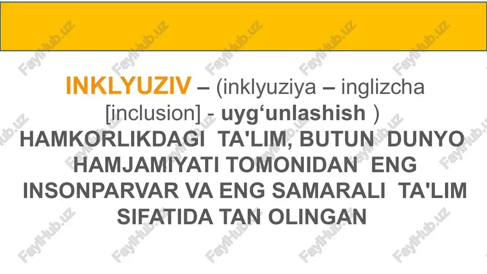 lyuziv ta’lim bo‘yicha mutaxassislarning bilim va ko‘nikmalarini rivojlantirish. 5. oilalar va jamiyat bilan hamkorlik qilish – nogironligi bor bolalarni ijtimoiy hayotga integratsiya qilishga ko‘maklashish. 6. ta’lim muassasalarini inklyuziv muhitga moslashtirish – infratuzilmani rivojlantirish va barcha bolalar uchun qulay shart-sharoit yaratish. inklyuziv ta’lim nafaqat nogiron bolalar, balki turli xil o‘quv ehtiyojlariga ega barcha bolalar uchun teng ta’lim olish imkoniyatini yaratishga qaratilgan tizimdir. 12 inklyuziv ta'lim va gospital pedagogika – bu ta'lim tizimining maxsus yo'nalishlari bo'lib, ular jamiyatning barcha a'zolarini, shu jumladan, sog'liqni saqlash va maxsus ehtiyojlari bo'lgan bolalarni jalb etishga qaratilgan. maqsad va vazifalari: o‘quvchilarning ta'limdagi tenglik huquqini kafolatlash ushbu ta'limning maqsadi va vazifalari: ta'lim muassasasida imkoniyati cheklangan bolalar va o‘smirlarning ta'lim olishlari uchun zaruriy psixologo-pedagogik, kooreksion sharoitlarni yaratish, ularning imkoniyatiga yo‘naltirilgan umumta'lim dasturlari va korreksion ishlarni amalga oshirish orqali ruhiy rivojlanishi, ijtimoiy moslashtirishni amalga oshirish; o‘quvchilarning ta'limdagi tenglik huquqini kafolatlash; jamiyatning va oilaning faol ishtirokida nogiron va sog‘lom bolalarning ehtiyojlarini …
