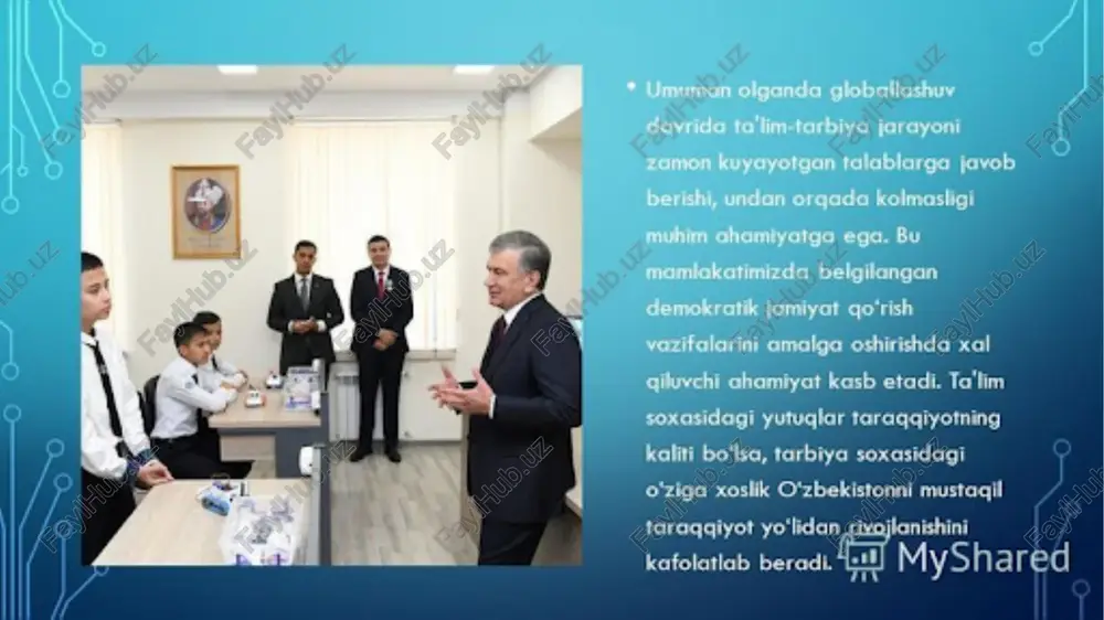 darajasiga olib chiqish; ❖oliy ta’lim muassasalari professor-o‘qituvchilari, ilmiy izlanuvchilari, doktorantlari, bakalavriat va magistratura talabalarining yuqori impakt-faktorga ega nufuzli xalqaro ilmiy jurnallarda maqolalar chop etishi, maqolalarga iqtiboslik ko‘rsatkichlari oshishi, shuningdek, respublika ilmiy jurnallarini xalqaro ilmiy-texnik ma’lumotlar bazasiga bosqichma-bosqich kiritilishini ta’minlash; ❖o‘zbekiston oliy ta’lim tizimini markaziy osiyoda xalqaro ta’lim dasturlarini amalga oshiruvchi “xab”ga aylantirish; ❖oliy ta’limning investitsiyaviy jozibadorligini oshirish, xorijiy ta’lim va ilm-fan texnologiyalarini jalb etish; ❖talaba-yoshlar ta’lim-tarbiyasi uchun qo‘shimcha sharoitlar yaratishga qaratilgan kompleks chora-tadbirlarni o‘z ichiga olgan beshta tashabbusni amaliyotga tatbiq etish; ❖oliy ta’lim muassasalarining infratuzilmasi va moddiy-texnik bazasini, shu jumladan, xalqaro moliya institutlarining imtiyozli mablag‘larini keng jalb qilish hisobiga yaxshilash, ularni bosqichma-bosqich o‘zini o‘zi moliyalashtirish tizimiga o‘tkazish va moliyaviy barqarorligini ta’minlash; ❖ta’limning ishlab chiqarish korxonalari va ilmiy-tadqiqot institutlari bilan o‘zaro manfaatli hamkorligini yo‘lga qo‘yish; ❖aholining ijtimoiy himoyaga muhtoj qatlamlari, shu jumladan, imkoniyati cheklangan shaxslarning oliy ta’lim bilan qamrov darajasini oshirish, ular uchun infratuzilmaga oid sharoitlarni yaxshilash; ❖o‘zbekiston respublikasi oliy ta’lim …