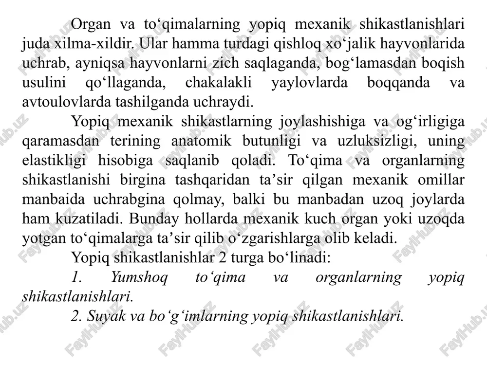 fibrin to‘planib, limfaning qayta so‘rilishi juda kam kuzatiladi. limfoekstravazat atrofida reaktiv yallig‘lanish yuzaga kelmaydi, chunki limfa yetarlicha qo‘zg‘atish xususiyatiga ega emas. xuddi shu yo‘l bilan gemolimfoekstravazatlar yuzaga keladi, faqat arteriya va vena qon tomirlarida tezlikda tromboz hosil bo‘lib, qon oqish to‘xtaydi, limfa oqishi esa davom etadi. fibrin tagiga cho‘kib, uning atrofida reaktiv yallig‘lanish boshlanadi. klinik belgilari. teri ostidagi hosil bo‘lgan yuzaki limfoekstravazatlarda 3-4 kunga borib, chegarlangan, flyuktuatsiya beruvchi suyuqlik to‘planadi, keyinchalik kengaya boradi uning pastki qismi suyuqlikka to‘la xaltaga o‘xshab shishib qoladi (8 litr). pastki tomonidan bosganda, suvga o‘xshab yuqori chegarasigacha ko‘tariladi. sekin urib qo‘yilsa to‘lqinlanuvchi harakat seziladi (undulyatsiya beradi). punktsiya qilinganda limfa suyuqligi chiqadi. chukur limfoekstrvazatlar – shish bir necha vaqt o‘tgandan keyin aniqlanadi. chegarasi noaniq, tashqi devor biroz taranglashgan. gemolifoekstravazatlar bo‘lsa 4-6 kunga borib fibrozli g‘ijirlash sezilib, punktsiyada ekssudat rangi qizg‘ishroq bo‘ladi. limfoekstravazatlarda og‘riq reaktsiyasi, mahalliy va umumiy harorat kam kuzatiladi. davolash. kasal hayvonga to‘lig‘icha tinchlik barqaror qilish …