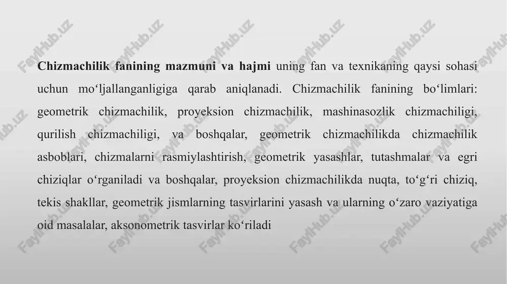 iyani soddalashtirish, muammolarni modulga bo‘lib yechish, tolerantlik zanjirini tahlil qilish va real ishlab chiqarish cheklovlarini hisobga olish. chizmachilik ko‘nikmalari yordamida talabalar: loyihalashdagi kompromislarni (masalan, qulaylik vs. iqtisodiyat), xavfsizlik va servis qulayligini oldindan ko‘ra oladi. ta’lim metodikasi — qanday o‘qitish samaraliroq. qo‘l bilan chizishdan boshlash: qo‘l bilan chizma texnikani o‘rgatish fazoviy tushuncha va chiziq nazoratini shakllantiradi. keyin cadni integratsiya qilish: autocad yoki parametrik modellar bilan 2d→3d o‘tishni joriy etish. qo‘l va cadni paralel o‘qitish tavsiya etiladi. loyihalashga yo‘naltirilgan yondashuv: real yoki yarimreal loyihalar (mini-proyektlar) orqali o‘rgatish — motivatsiyani oshiradi. modul va bosqich bilan o‘sish: oddiy proyeksiyalar → kesmalar → yig‘ma chizmalar → tolerantlash va texnologik chizmalar. amaliy lab va sanoat bilan hamkorlik: ishlab chiqarish joylariga ekskursiyalar, sanoat vakillari bilan master-klasslar. baholash: amaliy ishlar, loyiha, testlar va nazorat chizmalar orqali — formativ va summativ baholash kombinatsiyasi. o‘quv natijalari (kompetensiyalar). standartlarga muvofiq 2d chizmalarni to‘liq tayyorlay oladi (detail, yig‘ma, montaj). odatiy konstruktsiyalarni ortografik …