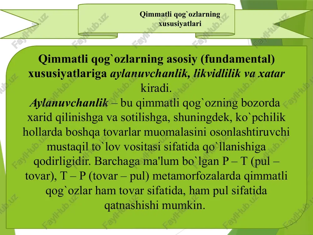 ol–mulkini taqsimlashda ishtirok etish xuquqiga ega. aktsiyalar bo`yicha olingan daromad – dividend, deb nomlanadi. dividend, odatda, aktsiyadorlik jamiyatining foydasiga bog`liq bo`ladi. agar kompaniya hisobot yili natijalariga ko`ra katga foydaga ega bo`lsa, unda katta dividend to`lash imkoniyati bo`ladi va aksincha. aksiyalar oddiy va imtiyozli aksiyalarga boʻlinadi oddiy aksiya oʻz egasiga aksiyadorlarning umumiy yigʻilishida oʻz ovozi bilan ishtirok etish huquqi, dividendlar olish va aksiyadorlik jamiyati tugutilganda mulkning bir qismiga ega boʻlish huquqini beruvchi qimmatli qogʻoz. aksiyadorlar umumiy yigʻilishida aksiyador yoki uningvakolatchisi ishtirok etishi mumkin. oddiy aksiya egalari quyidagi huquqlarga ega: – ovoz berish huquqi yoki korporativ tuzilmani boshqarishda ishtirok etish. oddiy aksiyalar egalariga aksiyadorlarning yillik umumiy yigʻilishlarida va korporativ tuzilma faoliyatiga doir muhim qarorlar qabul qilishda ishtirok etish huquqini beradi; – korporativ tuzilma daromadlarida qatnashish yoki dividendlar olish huquqi. dividend bu korporativ tuzilma daromadlarining qismi boʻlib, aksiyalar soniga qarab aksiyadolarga taqsimlanadi. oddiy aksiyalar boʻyicha dividendlar barcha soliqlar, kreditorlik majburiyatlar, obligatsiya boʻyicha foizlar …