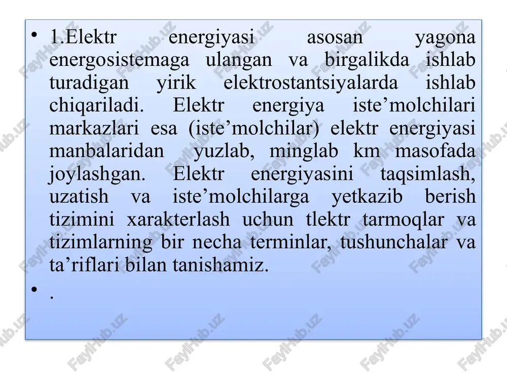 bo’ladi. elektr energiyasi iste’molchisi (eei), elektr qabul qilgich (eqq) –elektr energiyasini iste’mol qiluvchi yoki boshqa tur energiyaga o’zgartiruvchi apparat, agregat, mexanizmlar (elektrodvigatel, o’zgartirgich, yoritish qurilmasi va boshqalar). elektr energiyasini uzatish va taqsimlash sistema elementlari quyidagilardan iborat bo’ladi: turli kuchlanishdagi va konstruktsiyali elektr uzatish liniyalari (w), eut parametrlarini bo’ylama va ko’ndalang kompensatsiyalovchi qurilmalar (kq) (kompensatsiyalovchi qurilmalar va shuntlovchi reaktorlar); transformator podstantsiyalari (kuch transformatorlari (t) va avtotransformatorlar, o’chirgichlar, raz’edinitellar, nazorat-o’lchov priborlari va boshqalar); reaktiv quvvat manbalari (rqm) (kondensator batareyalari, sinxron va statik tiristorli kompensatorlar); ximoya va avtomatika vositalari, ya’ni avtomat rostlagichlar (ar), rele ximoyasi vositalari (rx) va avariyalarga qarshi avtomatika vositalari (aqav), dispetcherlik va texnologik boshqarish vositalari (dtbv). elektruzatkich – pasaytiruvchi podstantsiyaning past kuchlanishli shinalaridan ta’minlanuvchi iste’molchilar yig’masiga elektr energiyasini tranzit ravishda uzatish uchun mo’ljallangan, kuchaytiruvchi va pasaytiruvchi podstantsiyalari bo’lgan liniyadir. elektr tarmoq – elektr energiyasini elektrostantsiyadan iste’molchilar joylashgan xududga uzatish va elektr energiyasini iste’molchilar orasida taqsimlash uchun xizmat qiladigan transformator podstantsiyalari, …