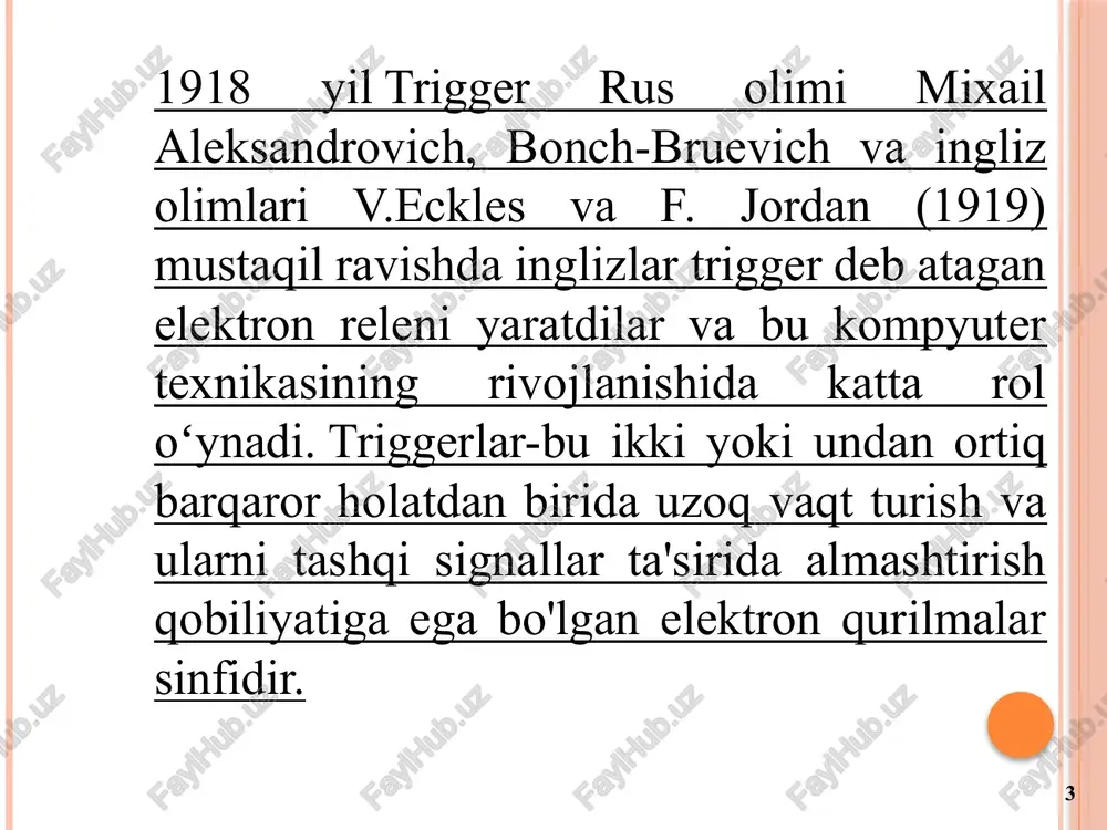 astlab informatsiya birinchi bosqichga yoziladi, keyin ikkinchi bosqichga ko'chirib o'tkaziladi va iformatsiya trigger chiqishida paydo bo'ladi. funksional imkoniyatlarga ko'ra triggerlar quyidagi turlarga bo'linadi: «0» va «1» xolatlarga aloxida-aloxida o'rnatiladigan triggerlar (rs-trigger); - kirish bo'yicha informasiyani qabul qiluvchi triggerlar (d-trigger yoki kechiktirish triggeri); - sanoqli kirishga ega triggerlar (t-trigger); - j va k informasion kirishli universal triggerlar (jk-trigger). o.n.norboyev 17 diskret elementlar asosida qurilgan simmetrik triggerning elektr sxemasi o.n.norboyev 18 sinxron rs-trigger. elementar asinxron rs-triggerli yacheykalar – turli kombinatsion qurilmalarning asosi bo‘lib hisoblanadi. ular qatoriga hisoblagichlar, registrlar va chastota bo‘luvchilari kiradi. bu qurilmalarda takt signali yoki sinxronlash signali deb ataluvchi maxsus signal yordamida avval kiritilgan ma’lumotni chiqishga uzatish va keyingi xotira yacheykasiga yozib qo‘yish kerak bunday rejimni amalga oshirish uchun rs-trigger qo‘shimcha s (clock) takt kirishi bilan to‘ldiriladi, va u sinxron trigger deb ataladi (9.8-rasm). o.n.norboyev 19 1.6-rasm. sinxron rs-trigger shartli belgilanishi (a) va uning tuzilma sxemasi (b). o.n.norboyev 20 1.7-rasm. …