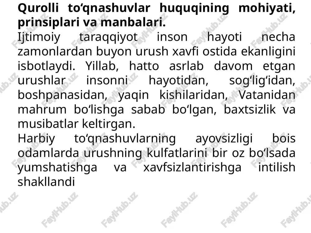jinoyatlar; 4-bosqinchilik jinoyatlari; qurolli to‘qnashuvlar huquqining asosiy prinsiplari va asosiy tushunchalari insoniylik prinsipi; kamsitishga yo‘l qo‘ymaslik prinsipi; qurolli nizolar qurbonlarini himoya qilish va ular bilan insoniy muomalada bo‘lish prinsipi; tinch aholini, fuqaro ob’ektlarini urush harakatlaridan himoya qilish prinsipi; tibbiy xodimlarning daxlsizlik prinsipi; x.g.h. me’yorlariga majburiy rioya qilish prinsipi; x.g.h. me’yorlarini jiddiy darajada buzganlik uchun jinoiy - huquqiy javobgarlik prinsipi; urush zaruratini insonni hurmatlash bilan birga qo‘shish prinsipi; nizolashuvchi tomonlarning urush harakatlarini olib borish usullari va vositalarini tanlashni cheklash prinsipi. kombatant (fr.combatant - jangchi, askar) - qurolli kuchlar tarkibiga kiruvchi va urush harakatlarida bevosita qatnashish huquqiga ega shaxs. “kombatant” atamasi faqat qurolli mojaro konteketida ishlatiladi. o‘z qo‘l ostidagilar uchun mas’uliyatni zimmasiga olgan rahbarlarga ega bo‘lishsa; - aniq va uzoqdan ko‘rinadigan farqlovchi belgi (unifarma)ga ega bo‘lishsa; - qurol-yarog‘ini ochiq olib yurishsa; - o‘z xatti-harakatlarida urushning qonun-qoidalariga va udumlariga amal qilishsa; kombatant urushayotgan shaxs sifatida harbiy harakatlarda qatnashishga xaqligina emas, balki qatnashishi shart. …