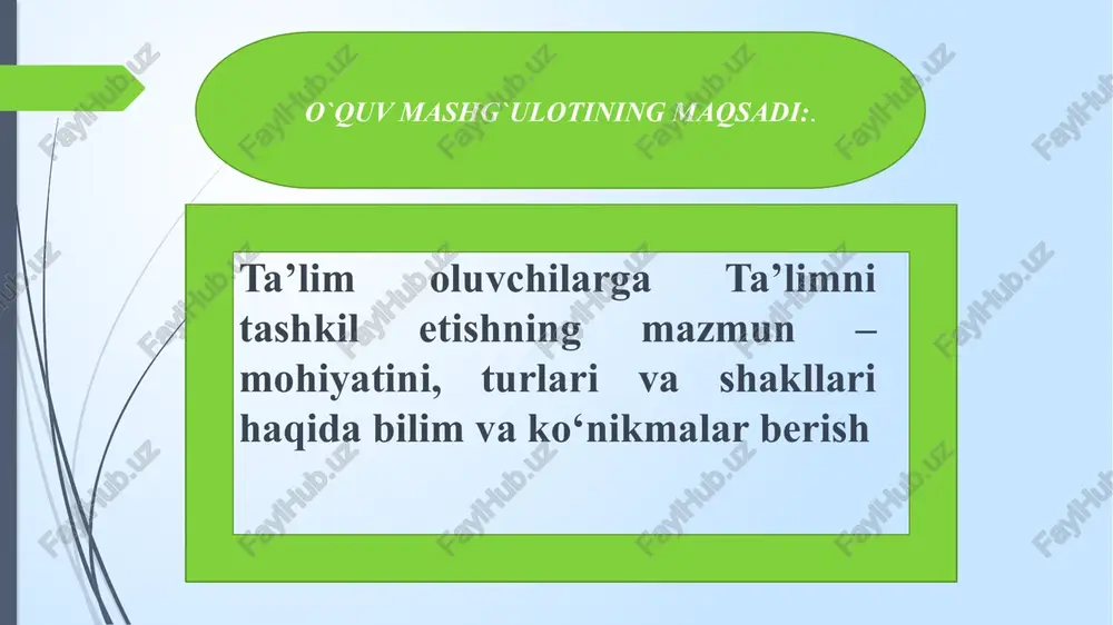 adually the ability to enter into a habit, that is, will be operated on a subconscious.. zamonaviy ta’lim muassasalarida ta’limning eng muhim quyidagi uch turidan foydalanilmoqda: tushuntiruvchi – namoyish etuvchi ta’lim. bu an’anaviy yoki axborot beruvchi ta’lim deb ataladi; muammoli o‘qitish; dasturlashtirilgan ta’lim yoki kompyuterli o‘qitish. tushuntiruvchi – namoyish etuvchi ta’lim turi. uning asosiy metodi ko‘rgazmalilik asosida tushuntirishdan iborat bo‘lib, uning asosini tinglash va eslab qolish tashkil etadi. bu ta’lim turi vaqtni tejash, ta’lim beruvchi va ta’lim oluvchilarning vaqtni tejash, qiyin bilimlarni tushunishini osonlashtirish, ta’lim jarayonini optimal boshqarishni ta’minlaydi. muammoli o‘qitishda o‘quv muammolarini hal etish jarayonida bilimlarni mustaqil egallash, ta’lim oluvchilarning ijodiy fikrlashlari va idrok etish faoliyatlarini rivojlantirish yo‘li bilan ta’lim tashkil etiladi. bundagi ta’lim texnologiyasi turli tumanligi bilan ajralib turmaydi, chunki ta’lim oluvchilarni faol ishtirok etish faoliyatiga jalb etish bir necha bosqichlardan iborat bo‘ladi. ular ketma – ket tartibda va kompleks amalga oshirilishi kerak. bunday o‘qitishda muammoli vaziyatni yaratish …