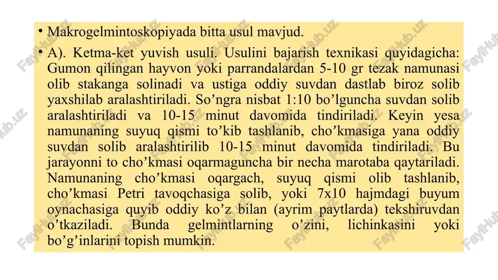 ida ikkinchi stakanga filtrlanadi, suzib olinadi va 30-40 minut davomida tinch joyda qoldirilib tindiriladi. soʼngra aralashma yuzasiga qalqib chiqqan gelmint tuxumlarini simli ilmoqcha yordamida olinib buyum oynachasiga oʼtkaziladi va qoplagʼich oynacha bilan yopilib mikroskopda tekshiriladi. gelmintolyarvoskopiya usullari. 1. berman-orlov usuli. bu usul keng tarqalgan, texnik jihatdan unchalik murakkab boʼlmagan usul hisoblanib, gelmintlarning harakatchan lichinkalarini tezakdan suvga chiqarib, choʼkmaga choʼktirishga asoslangan. bu usulni birinchi marotaba berman degan olim tuproq chuvalchanglarning lichinkalarini topish uchun tavsiya yetgan. keyinchalik orlov degan olim hayvonlar tezagidagi diktiokaulus lichinkalarini topishda qoʼllagan. usulni bajarish texnikasi quyidagicha: ogʼiz tomonining diametri 10-15 sm keladigan voronka olinib, uning uchiga uzunligi 10-15 sm keladigan rezina naycha oʼrnatiladi. naychaning ikkinchi uchini mor qisqichi bilan qisiladi. rezina naycha oʼrnatilgan voronkaga sim toʼr qoʼyilib shtativga oʼrnatiladi va unga iliq 37-38 haroratli suv quyiladi. sim toʼrga (yoki dokaga oʼrab) gumon qilingan hayvonning tezakidan 10-15 gr solinadi va shu holatda bir necha soat qoldiriladi (agarda qoʼy va …