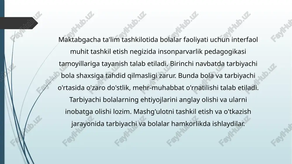 dual ravishda uning qiziqishi, maqsadi, imokoniyatlari va to'siqlarni yengib o'tishida qo'llab quvvatlashdir. tarbiyachi yuqori kasbiy mahoratga ega bo'lsagina, bolaning yutuqlarga erishishi yoki ijobiy natajalarni qo'lga kiritishi, o'z-o'zini boshqarishga, muloqotchanlikka o'rgata oladi. tarbiyachi ta'lim-tarbiya berishda fasilitator vazifasini ham bajaradi. ya'ni bolani qo'llab quvvatlaydi, yordam ko'rsatadi. «fasilitator» termini psixologiyada yengillashtirish, biror shaxsni faoliyatini optimal darajaga olib chiqishda ko'mak berishdir. ta'lim jarayonida tarbiyachining fasilitatorlik vazifasi bola bilan ijobiy muloqot o'rnatish, biron bir faoliyat bilan shug'ullanayotganda unga yordam berish va ruhan qo'llab turishdan iborat. biroq amaliy tajribalarimiz shuni ko'rsatadiki, tarbiyachilar faol harakatlarni to'g'ri tashkil eta olmaydilar, bolalar ruhiyati, qiziqishi va ehtiyojlarini anglay olmaydilar, natijada bolalar bilan ijobiy muloqot o'rnata olmaydilar, bor imkoniyatlar qo'ldan boy beriladi. image1.png /docprops/thumbnail.jpeg