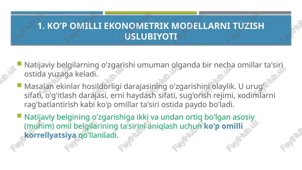ining qiymatlarini topish talab qilinadi. 3. umumlashtirilgan va bavosita “eng kichik kvadratlar usuli” ushbu qiymat eng kam bo’lishi ushun birinchi darajali hosilalari nolga teng bo’lishi kerak: 3. umumlashtirilgan va bavosita “eng kichik kvadratlar usuli” 3. umumlashtirilgan va bavosita “eng kichik kvadratlar usuli” tizimning aniqlovchilari esa matritsasining tegishli ustunini tizimning chap tomonidagi ma'lumotlar bilan almashtirish orqali olinadi. 3. umumlashtirilgan va bavosita “eng kichik kvadratlar usuli” 3. umumlashtirilgan va bavosita “eng kichik kvadratlar usuli” quyidagi polinom ko’p omilli regressiya tenglamaga ega bo’laylik: qiymat eng kam bo’lishi ushun birinchi darajali hosilalar nolga teng bo’lishi kerak. 3. umumlashtirilgan va bavosita “eng kichik kvadratlar usuli” 3. umumlashtirilgan va bavosita “eng kichik kvadratlar usuli” 3. umumlashtirilgan va bavosita “eng kichik kvadratlar usuli” 3. umumlashtirilgan va bavosita “eng kichik kvadratlar usuli” tuzilgan modelning sifatini determinatsiya koeffitsienti baholaydi. ko’p omilli determinatsiya koeffitsienti ko’p omilli korrelyatsiya koeffitsienti kvadrati sifatida hisoblanadi. qiymati natijaviy belgining o'zgarishi necha foiz regressiya tenglamasiga kiritilgan …