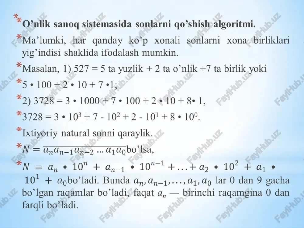 rinchi (birlar xonasidan keyingi) raqamini olib, uni bitta kamaytiramiz, kichik xonalardagi barcha raqamlarni o`nlar xonasigacha 9 ta orttiramiz, birlar xonasidagi raqamni esa 10 ta orttiramiz va 10+ no dan mo ni ayiramiz, natijani ayirmaning birlar xonasiga yozamiz va keyingi xonaga o`tamiz. 5) keyingi xonada bu jarayonni takrorlaymiz. 6) kamayuvchining katta xonasidan ayirish bajarilgandan keyin ayirish jarayoni tugallanadi. boshqa sanoq sistemalarida ham sonlarni ayirish yuqoridagiga o`xshash, ammo farqi ayirish qaysi sistemada bajarilayotgan bo`lsa shu sistemalardagi birlik sonlarni qo`shish jadvalidan foydalaniladi. o`z-o`zini nazorat qilish uchun savollar o`nli sanoq sistemasida sonlarni qo`shish formulasini keltirib chiqaring. o`nli sanoq sistemasida sonlarni qo`shish algoritmini yozib bering. o`nli sanoq sistemasida sonlarni ayirish formulasini keltirib chiqaring. o`nli sanoq sistemasida sonlarni ayirish algoritmini yozib bering. image1.png image2.png image3.png image4.png /docprops/thumbnail.jpeg