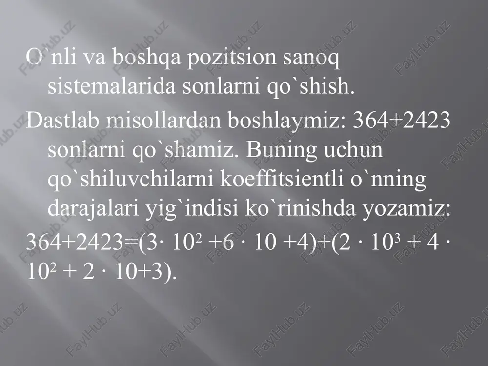 tiramiz, birlar xonasidagi raqamni esa 10 ta orttiramiz va 10+ no dan mo ni ayiramiz, natijani ayirmaning birlar xonasiga yozamiz va keyingi xonaga o`tamiz. 5) keyingi xonada bu jarayonni takrorlaymiz. 6) kamayuvchining katta xonasidan ayirish bajarilgandan keyin ayirish jarayoni tugallanadi. boshqa sanoq sistemalarida ham sonlarni ayirish yuqoridagiga o`xshash, ammo farqi ayirish qaysi sistemada bajarilayotgan bo`lsa shu sistemalardagi birlik sonlarni qo`shish jadvalidan foydalaniladi. o`nli va boshqa pozitsion sanoq sistemalarida sonlarni ko`paytirish. ma’lumki, ikkita bir xonali sonni ko`paytirishda hosil bo`lgan hamma ko`paytmalar esda saqlanadi. hamma bunday ko`paytmalar maxsus jadvalga yoziladi, bu jadval bir xonali sonlarni ko`paytirish jadvali deyiladi. 325 sonini 1000 ga ko`paytirishni bajarganda 325 soni ketiga uchta nolni yozish yetarli, ya’ni 325000 bo`ladi. haqiqatan ham, 325=3·102 + 2·10+5 ko`rinishida yozish mumkin va qo`shishga nisbatan ko`paytirish distributivlik xossasiga ega bo`lishidan 10k·10s=10k+s ga ko`ra, 325·1000=(3·102+2·10+5)·103=3·105+2·104+5·103 bo`ladi. bu ifodani quyidagicha yozamiz: 325·1000=3·105+2·104+5·103+0·102+0·10 +0 =325000 umuman, n = n k ·nk-1 ... n1 n0 sonni …