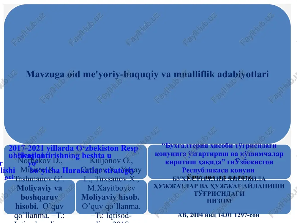rilgan egamberdiyeva s.r. moliyaviy va boshqaruv hisobi. o’quv qo’llanma. –t.: fan va texnologiya, 2019. 289 b. karimov a., muqumov z, tulayev m., kurbanbayev j., raxmonov sh. buxgalteriya hisobining axborot tizimlari. o’quv qo’llanma. –t.: iqtisod-moliya, 2018. –194 b. kuljonov o., xusinov i., jumanazarov s. buxgalteriya hisobi nazariyasi. o’quv qo’llanma. –t.: iqtisod-moliya, 2018. –237 b. norbekov d., misirov k., tashmanov g’. moliyaviy va boshqaruv hisobi. o’quv qo’llanma. –t.: iqtisod-moliya, 2018. –194 b. xasanov b., g’aniyev z., muxammedova d. boshqaruv hisobi. o’quv qo’llanma. –t.: iqtisod-moliya, 2018. –279 b. karimov a., kurbanbayev j., jumanazarov s. buxgalteriya hisobi. darslik. –t.:iqtisod-moliya, 2019. - 512 b. karimov a., kurbanbayev j., jumanazarov s., xalilov sh. moliyaviy hisob va hisobot. o’quv qo’llanma. –t.:iqtisod-moliya, 2018. - 400 b. kuljonov o., ortiqov x., yugay l., tuxsanov x., m.xayitboyev moliyaviy hisob. o’quv qo’llanma. –t.: iqtisod-moliya, 2018. –246 b. pardayev a., pardayev b. “boshqaruv hisobi” t.: g’.g’ulom nomidagi nashriyot-matbaa ijodiy uyi. 2014 yil …