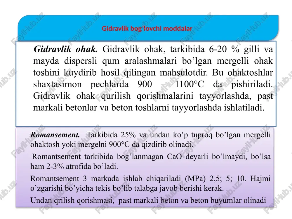 hi sementni 15–20% tejashga olib keladi. bu sement yig’ma temir-beton konstruksiyalarni tayyorlashda va qishda beton quyishda qo’llaniladi. image1.jpeg image2.jpeg image3.jpeg image4.jpeg image5.jpeg /docprops/thumbnail.jpeg