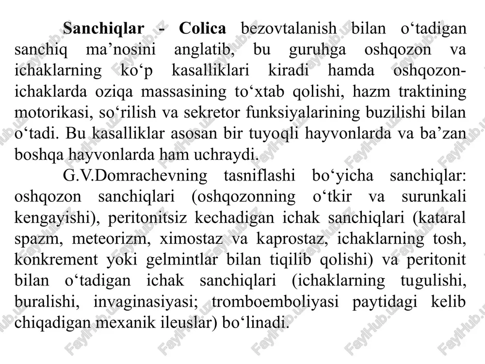 da tavsiya etilib, sovunli suv bilan yoki glitserin qo‘shilgan suv bilan o‘tkaziladi. bunda ichak devorining qitiqlanishi uning peristaltikasini tezlashtiradi. hayvon parasimpatikatonik xolatda bo‘lsa, suvning xarorati 35~s, simpatikatonik xolatda esa 18-24~s bo‘lishi kerak. yuvuvchi-sifon klizma bunda tozalovchi klizmadan keyin bir necha marta 1%li osh tuzi eritmasi yoki kaliy permanganat eritmasidan yuborilib, ichak devori shillik pardasidagi shilimshiq modda va ekssudat yuvib chiqariladi. surgi klizmalar ichaklar peristaltikasi va sekretsiyasini kuchaytirish maqsadida o‘tkazilib, buning uchun o‘simlik moylari, vazelin yog‘i, glitserin yoki o‘rta tuzlarning 2-3%li eritmalari qo‘llaniladi. oziqlantiruvchi klizma kasal xayvonda uzoq muddat ishtaxa bo‘lmaganda, og‘iz orqali oziqlantirish yoki zondlarni qo‘llash mumkin bo‘lmagan hollarda tavsiya etiladi. buning uchun tozalovchi klizma o‘tkaziladi va 1 soatdan keyin oziqaviy suyuqlik to‘g‘ri ichakka yuborilgach, xayvonning dumi bilan anal teshigi 15 daqiqa davomida yopib turiladi. bir sutkada 2-3 marta oziqlantiruvchi klizma o‘tkazish kerak. chuqur klizma tamponatorlarni qo‘llash bilan o‘tkaziladi va bunda suyuqliklarni yo‘g‘on ichakning orqangi va oldingi bo‘limlariga o‘tishini ta’minlash …