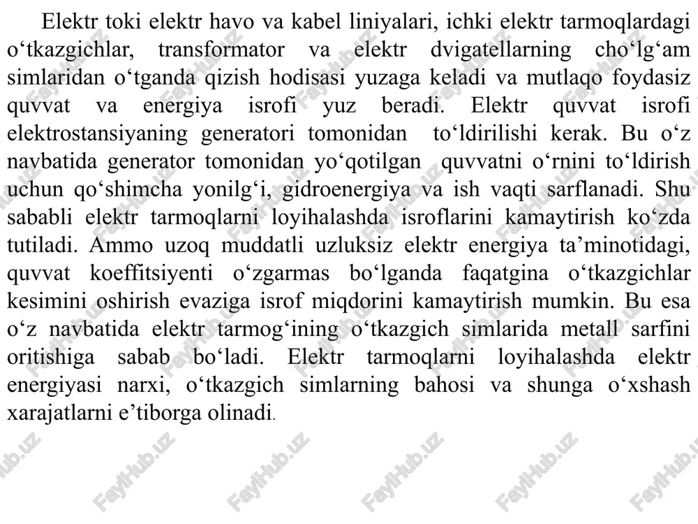 rafikdan aniqlanadi. agar yuklama garfigi bo‘lmasa, u holda ma’lumotlar maksimumdan foydalanish vaqtiga asosan oldindan qurilgan egri chiziqlardan olinadi. 5 - rasmda suv xo‘jaligi iste’molchilaridagi sosφ ning o‘rtacha qiymati asosida qurilgan egri chizig‘i keltirilgan. 5 – rasm. suv xo‘jalik iste’molchilaridagi isrof vaqtining maksimal yuklamadan foydalanish vaqtiga bog‘liqlik grafigi. hisoblashda yil davomida liniyadan oqib o‘tadigan va haqiqiyga teng keladigan energiya isrofni yuzaga keltiradigan o‘rta kavadratik tok io‘rt.kv. tushunchasini ham kiritish mumkin. elektr uzatish liniyasida tok kvadratining davomiylik grafigi mavjud deb faraz qilaylik. o’rta kvadratik tok, asosi t = 8760 soatli to‘g‘ri burchakning balandligi va maydoni grafikning kordinata o‘qlari bilan chegaralangan yuzaga teng bo‘lsin. elektrenergiyasiningyilliksarfi: bu yerdan o‘rta kvadratik tok: oxirida yuklamasi bo‘lgan elektr liniyasining har qanday bo‘limi uchun, agar tok yuklamasining grafigi ma’lum bo‘lsa, kuchlanish isrofini juda oson aniqlash mumkin. bunday holatda yuklama toki kvadratining davomiylik grafigi tuziladi va uni yuzasiga asosan har bir millimetrlarga ajratilgan to‘r bo‘yicha hisoblanadi. u holda: agaryuklamatokorqaliemas, …