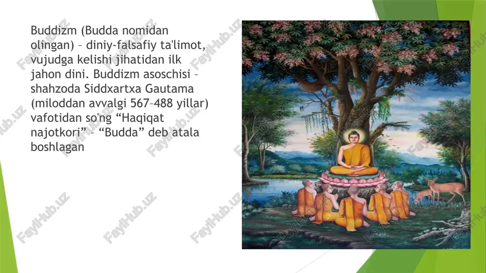 and va yumshoq oʻrinda yotmaslik; 10) pul ishlatmaslik. rohiblar jamoasi asosan b. txeravadasi (aynan — oqsoqollar taʼlimoti)ga xosdir. maxayanada "haqiqat yoʻli" har kim uchun ochiq: rohiblarga ham, dunyoviy kishilar (yaʼni oddiy qavm)ga ham; buddaga eʼtiqod qilinsa, bas. kengroq qaralganda, sangxa — muqaddaslik va qudrat xazinasi. kisqasi, b. — buddaga ergashib, dharma talablarini bajarish va sangxa jamoasining aʼzosi boʻlib qolishdir. buddizm falsafasi vedalar matnlari asosida yaratilgan. siddxartxa o‘z ta’limotining asosiy qoidalarini banorasdagi targ‘ibotida “to‘rt oliy haqiqat” shaklida bayon etgan: 1) azob-uqubat haqidagi ta’limot; 2) azob-uqubat sabablari haqidagi ta’limot; 3) azob-uqubatlardan xalos bo‘lish haqidagi ta’limot; 4) azob-uqubatlardan qutulishning najot yo‘llarini topish haqidagi ta’limot. boshqa dinlardan farqli ravishda buddizmda hech bir oʻzgarmas narsa yoʻq, hatto xudo ham oʻzgaruvchan, deb uqtiriladi. faqat on yoki lahzalar silsilasi mavjud boʻlib, ularning har biri yoʻqolib, keyingisiga oʻrin beradi. buddizm taʼlimotiga koʻra, inson doimo azob-uqubatga mahkum va bunga uning oʻzi sabab boʻladi. zero u, garchand befoyda boʻlsada, oʻz …