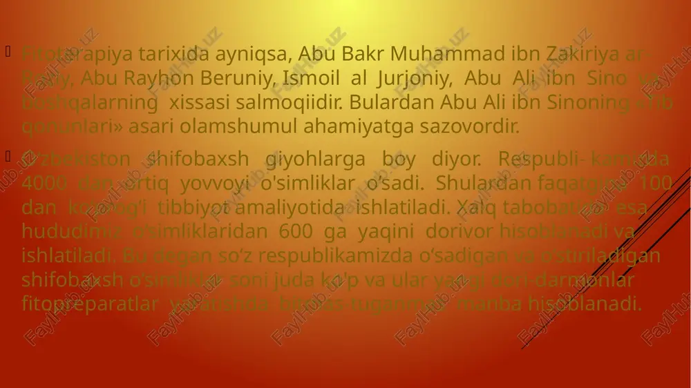 g o‘iim chaqiruvchi dozasi laboratoriya hayvonlarida (sichqon, kalamush va boshqalar) aniqlanadi. bunda dorining o‘lim (letal) dozalari (ld50, ld10o) topiladi. bular ushbu dori preparatining biologik faolligini ko‘rsatgichlaridan hisoblanadi dori vositalarining terapevtik dozasi ishlatilganda bemorlarga davo ko'rsatadi. kasallikka naf qiladi, foydali ta’sir etadi. bu dozaning uch hil turi mavjud: 1) maksimal (eng yuqori) terapevtik doza; 2) o‘rtacha terapevtik doza; 3) minimal (eng kichik) terapevtik doza. terapevtik dozaning bu turlari bo‘lishi mumkin: bir martalik va bir sutkalik (kecha-kunduzlik). dori preparatlarining maksimal bir martalik yoki bir sutkalik dozasi tibbiyot amaliyotida ayrim hollarda (zarbdor doza) ishlati ladi (antibiotiklar, sulfanilamidlar va ayrim fitopreparatlar). shunday dori vositalari borki, ularni standartlashda biologik - farmakologik yo’ldan foydalaniladi yoki asosiy farmakologik ta’sirini standart preparat bilan sol ishtirish laboratoriya hayvonlarida aniqlanib, ta’sir birligi (tv) bilan ifodalanadi. bunday dorilar qatoriga antibotiklar, garmonal preparatlardan tashqari ay rim shifobaxsh o’simliklar (angishvonagul va b.) ham kiradi dori vositalarini tanaga kiritish yullari har bir dori vositasining …