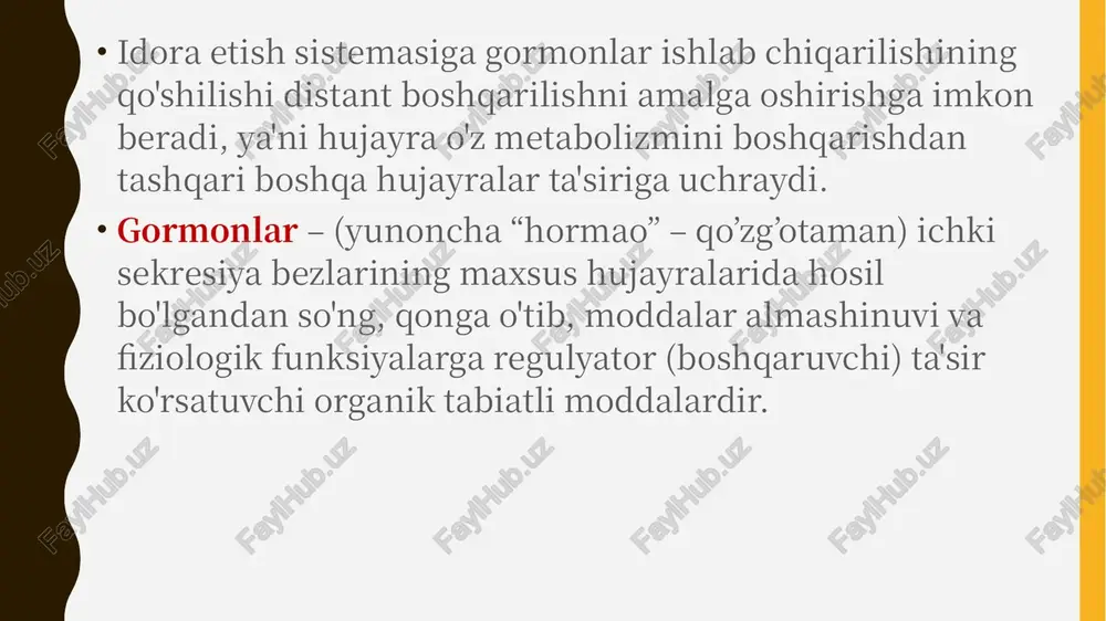 lsitonin qalqonsimonoldi bezi - paratgormon buyrak usti bezlari magiz qismi – adrenalin, noradrenalin po'stloq qavati – glyukokortikoidlar (kortikosteron, kortizon, gidrokortizon), mineralokortikoidlar (dezoksikortikosteron, aldosteron) oshqozon osti bezi – insulin, glyukagon jinsiy bezlar – estrogenlar (estradiol, progesteron), androgenlar (androsteron, testosteron) timus – timopoetin, timozin prostaglandinlar image1.jpeg image2.jpeg image3.png image4.png image5.png image6.png image7.png image8.jpeg