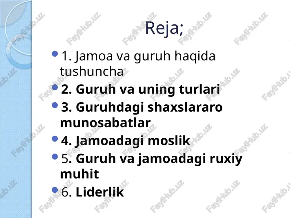 kishilarga har tomonlama yoqadi. odamning xatti - harakati ijtimoiy muhitning ta`siriga bog`liqdir. kishining shaxs sifatida tashqi olam bilan bo`lgan o`zaro munosabatlari ularning ishlab chiqarish faoliyatlarida odamlar o`rtasida shakllanadigan munosabatlarda yuzaga kelgan. ijtimoiy hayot davomida va ishlab chiqarishda odamlar o`rtasida ob`ektiv tarzda yuzaga keladigan real aloqa va munosabatlar odamlarning sub`ektiv munosabatlarida namoyon bo`ladi. masalan: o`qituvchi o`quvchilarga to`g`ri munosabatda bo`lmasa, o`quvchilarda o`nga nisbatan hurmat yo`qoladi. 3. guruhdagi shaxslararo munosabatlar . jamoadagi shaxslararo munosabatlar xilma -xil va murakkabdir. bu munosabatlarni o`rganish uchun maxsus metodlardan foydalaniladi. ana shunday metodlardan biri sotsiometrik metodni amerikalik mikrosotsiolog d. moreno kashf etgan. bu metod butun jamiyat qonuniyatini o`rganish imkonini beradigan universal metod bo`la olmaydi. sotsiometrik metodni kichik guruhda qo`llash mumkin. jamoada kishilar bir - birlarini yaxshi bilsalargina bu metod samarali bo`lishi mumkin. bu metodning mohiyati shuki, biz guruhda yoki jamoada kim eng qadrli, obro`li, kim obro`siz ekanligini aniqlashimiz mumkin. buning uchun jamoa a`zolarining matritsasini, ya`ni a`zolarning nomerlangan ro`yhatini …