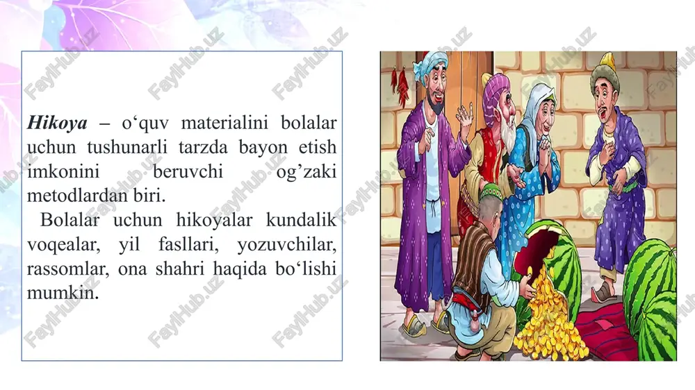 aytishdir. qayta hikoya qilish bolalar badiiy nutqining rivojlanishiga, emotsional va obrazli so'zlarni tanlashga o'rgatadi qayta hikoya qilishga o'rgatish samarali bo'lishi uchun, eng avvalo, qayta hikoya qilish uchun matnlarni to'g'ri tanlash lozim. qayta hikoya qilish uchun asar tanlanganda quyidagi talablarga amal qilish kerak: qayta hikoya qilish uchun asar tanlanganda quyidagi talablarga amal qilish kerak: yuqori badiiy qimmatga, g'oyaviy-mantiqiy yo'nalishga ega bo'lishi, jo'shqinligi, fikrning yangiligi va bayonning obrazliligi, voqealarning ketma-ketliligi, mazmunining qiziqarliligi. shu bilan bir qatorda, badiiy asarning hajmi va uning bola yoshiga mos kelishini ham hisobga olish muhimahamiyatga ega. shuningdek dasturda bolalarning qayta hikoyalariga bir qancha talablar qo'yilgan: 1. ma’nosiga tushungan holda, ya’ni matnni to'liq tushunib hikoya qilish. 2. asarni to'liq bayon etish, ya’ni asardagi muhim joylarini tashlab ketmasdan bayon etish. 3. izchillik (ketma-ketlik) bilan hikoya qilish. 4. to'g'ri ohangdan foydalanish’ 5. og'zagi nutq madaniyatiga e'tibor berish va boshqalar. qayta hikoya qilishga o'rgatish usullari. tarbiyachining bola bilan birga qayta hikoya qilishi. …
