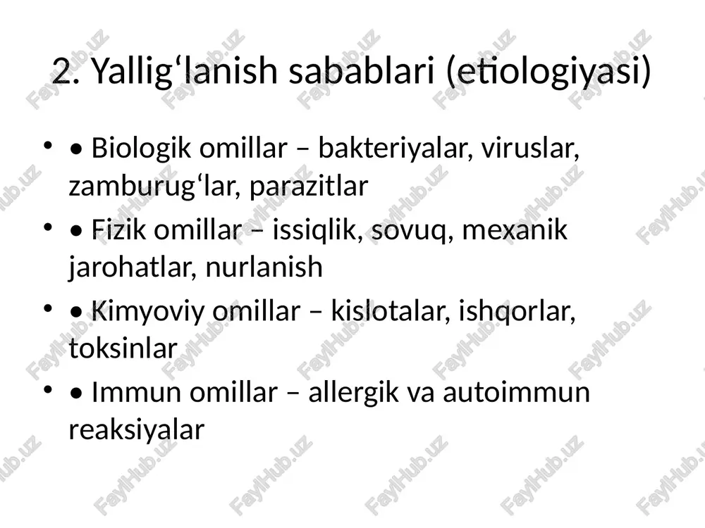 nlar, ayniqsa kortizol, insulin) yosh (bolalarda tez, qariyalarda sekin kechadi) immun tizim faolligi 💉 4 klinik ahamiyati normal reparatsiya — yara tez bitadi, infeksiya tarqamaydi. agar reparatsiya buzilsa: atrofik chandiq (yetarli o‘sish yo‘q) keloid chandiq (haddan ortiq fibroblast o‘sishi) yara ochilib ketishi (dehissensiya) surunkali yallig‘lanish 8. yallig‘lanishning ahamiyati ✅ ijobiy ahamiyati: • zararli omilni yo‘qotadi • tiklanishni ta’minlaydi ❌ salbiy ahamiyati: • to‘qima shikastlanishini kuchaytiradi • organ funksiyasini buzadi • surunkali jarayonlarga olib kelishi mumkin 9. klinik ahamiyati va xulosa yallig‘lanish jarayoni turli kasalliklarning asosi hisoblanadi. shuning uchun yallig‘lanish mexanizmlarini tushunish, davo va profilaktika choralarini ishlab chiqishda muhimdir. ➡ yallig‘lanish – bu himoya reaksiyasi, ammo u nazoratdan chiqsa, patologik holatga aylanadi. /docprops/thumbnail.jpeg