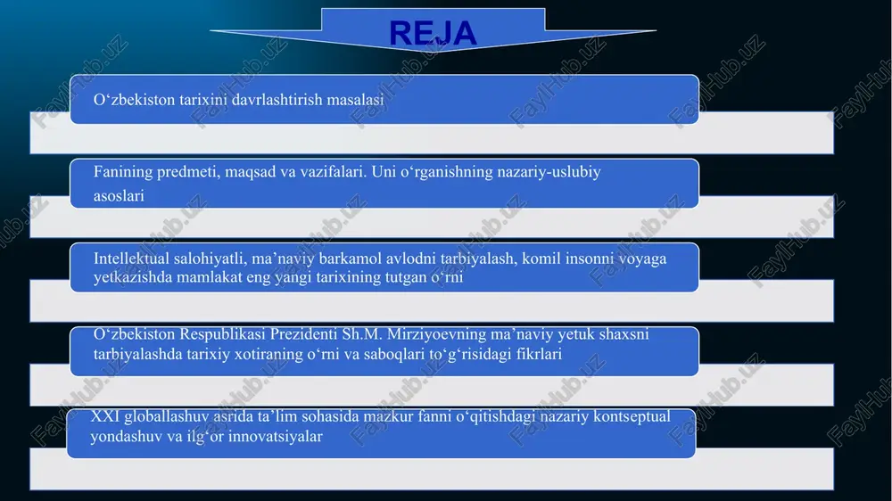 an keng ko‘lamli islohotlar davri hisoblanadi. shuningdek, bu davrda ijtimoiy-siyosiy hayotimizga yangi iboralar, xususan, «xalq bilan muloqot», «harakatlar strategiyasi», «xalq qabulxonalari», «virtual qabulxona», «tanqidiy tahlil», «qat’iy tartib-intizom», «yo‘l xaritasi», «arzon uylar», «kafolatlangan xavfsizlik», «innovatsiya», «texnoparklar», «raqamli iqtisodiyot», «transformatsiya», «o‘zbekistonda yangi uyg‘onish – uchinchi renessans» kabi tushunchalar kirib keldi va hayotimizning ajralmas qismiga aylandi. tarix fani va unga oid bilimlar jamiyat manfaatlariga, insonlarning ma’naviy dunyosiga ijobiy ta’sir qilishi, kishilarda tarixiy xotira, ajdodlar merosidan faxrlanish tuyg‘usini uyg‘ota olishi lozim. bu borada prezidentimiz shavkat mirziyoev 2018-yil 28-dekabrda oliy majlisga qilgan murojaatnomada o‘z fikrlarini bayon qilgan: «…vatanimizning qadimiy va boy tarixini o‘rganish, bu borada ilmiy-tadqiqot ishlarini kuchaytirish, gumanitar soha olimlari faoliyatini har tomonlama qo‘llab-quvvatlashimiz lozim. o‘tmishga berilgan baho albatta xolisona, eng muhimi, turli mafkuraviy qarashlardan xoli bo‘lishi zarur», degan edi. aynan ushbu murojaatnomada xalqimiz tarixi, moddiy va ma’naviy madaniyatini keng jamoatchilikka etkazish hamda jahon miqyosida targ‘ib qilish maqsadida o‘zbekiston milliy teleradiokompaniyasi negizida «o‘zbekiston telekanali» …