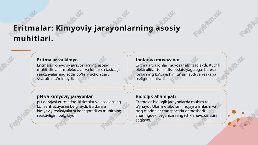 i va qo'llanilishi. elektrolitlar va hayot elektrolitlar organizmning hayotiy jarayonlarida muhim rol o'ynaydi, chunki ular nerv impulslarini o'tkazish va mushak faoliyatini qo'llab-quvvatlaydi. suv balansini saqlash elektrolitlar tanadagi suv balansini saqlashda muhimdir, bu esa hujayralarning optimal ishlashini ta'minlaydi va suvsizlikni oldini oladi. kimyoviy reaktsiyalar elektrolitlar biologik kimyoviy reaktsiyalarda, masalan, metabolizm jarayonlarida ishtirok etib, energiya ishlab chiqarishda yordam beradi. tibbiyotda qo'llanilishi elektrolitlar tibbiyotda, masalan, intravenoz suyuqliklar va rehidratsiya uchun muhimdir, ularning darajasini nazorat qilish hayotiy ahamiyatga ega. elektrolitlarning eritmadagi muvozanati: tahlil va misollar. 1 elektrolitlarning muvozanati elektrolitlarning eritmadagi muvozanati, ionlar orasidagi kuchli va kuchsiz bog'lanishlar natijasida hosil bo'ladi, bu esa eritmaning xususiyatlarini belgilaydi. 2 kuchli elektrolitlar kuchli elektrolitlar, masalan, natriy xlorid, to'liq dissotsiyaga ega bo'lib, eritmada yuqori ion konsentratsiyasini ta'minlaydi va muvozanatni saqlaydi. 3 kuchsiz elektrolitlar kuchsiz elektrolitlar, masalan, asetik kislota, qisman dissotsiyalangan bo'lib, ionlar muvozanatini o'zgarishlarga olib keladi va ph darajasini ta'sir qiladi. elektrolitlarning xususiyatlari va ularning kimyoviy reaktsiyalardagi ta'siri. 01 …