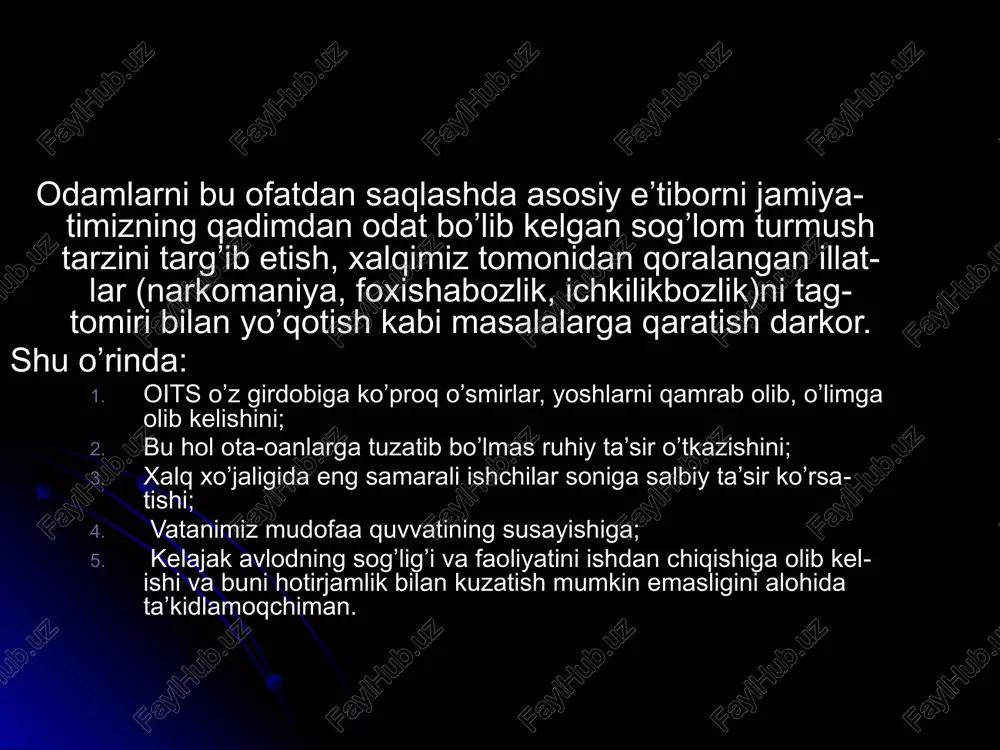 , nosog‘lom turmush kechirish sababli odamlar kasallikka ko‘p chalinadi. savol tug‘ilishi mumkin, nega unda bugun dunyoning eng boy, rivojlangan davlatlarida ham oitsga chalinganlar bor? sababi, bu davlatlar aholisi, ayniqsa, yoshlari orasida axloqiy buzuqlik, ichkilikbozlik, giyohvandlikka ruju qo‘yish holatlari kuchayib bormoqda. respublikamizda orttirilgan immunitet tanqisligi kasalligiga qarshi kurashish borasida bir qator ishlar amalga oshirilyapti. buning mazmun-mohiyati orttirilgan immuntanqisligi virusi infeksiyasiga qarshi kurashning yagona tizimini tashkil qilish, kasallikning oldini olish, aholini xastalikdan muhofaza qilish borasida olib borilayotgan chora-tadbirlar samaradorligini yanada oshirishdan iborat. oiv o`zbekistonga o`z ta`sirini ko`rsatmoqda mamlakatdagi vaziyat… o`zbekistonda oiv infektsiyasiga chalinganlar soni u qadar ko`p bo`lishiga qaramasdan, bu ko`rsatkish tez o`sish tendentsiyasiga ega. oiv infektsiyasi yuqishi holatlarining aksariyat qismi tomirga yuborish orqali narkotik qabul qiluvshilarga to`g`ri kelib, ularning asosiy qismini yoshlar tashkil etadi. ularning ko`pchiligi xatarli harakatlarni amalga oshirish, masalan, bitta ignadan ko`pchilik bo`lib foydalanish, himoya qilinmagan jinsiy aloqaga kirishishdan toymaydi (unaids,2004). narkomaniyaga la`nat tamg`asi qo`yilishi yangi boshlovchilar tomonidan narkotik …