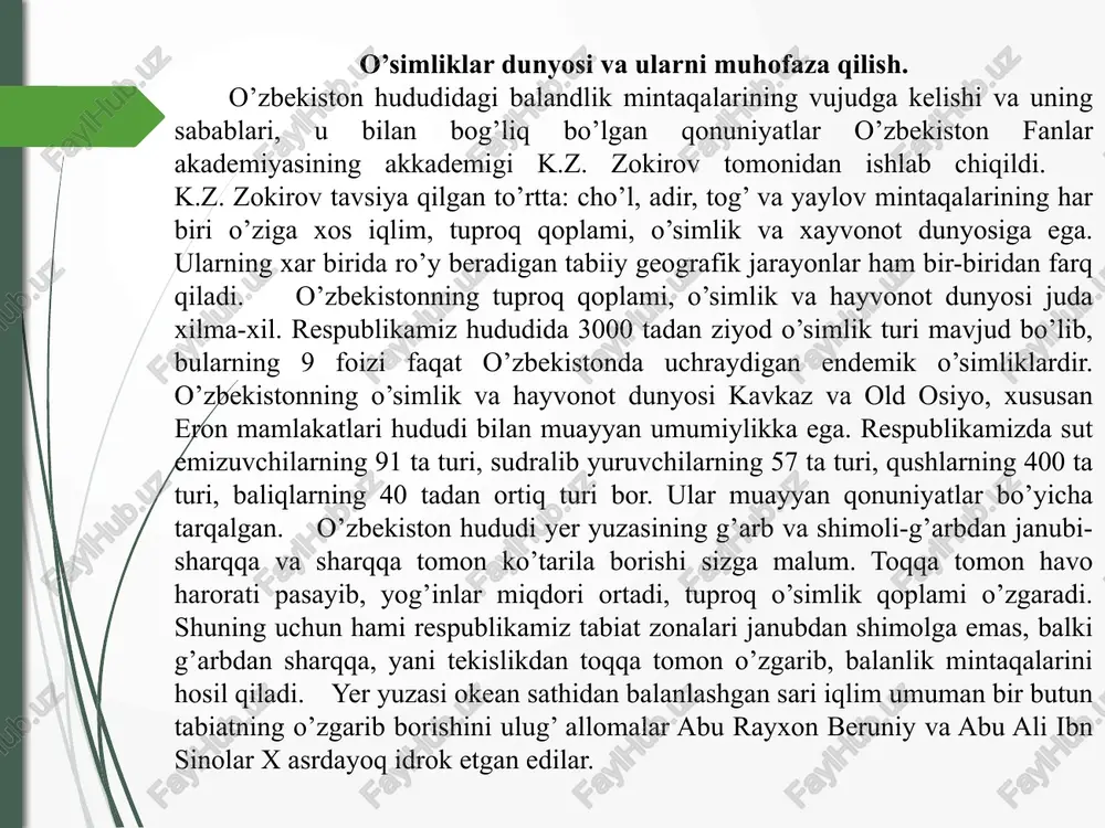 spublikamizning yer osti suvlari yer betiga yaqin bo’lgan joylarda (mirzacho’l, markaziy farg’ona, qarshi cho’llari va amudaryo etagida) sho’r tuproqlar vujudga kelgan. bunday joylarda yer osti suvi yer betiga chiqib bog’lanadi, tuproq tarkibida tuz ko’payadi. cho’l mintaqasidagi yirik sho’rhoklar (masalan, borsa-kelmas sho’rhoki) dan dehqonchilikda foydalanib bo’lmaydi. o’zbekistonning daryo vodiylarida, qayir va deltalarida o’tloq va botqoq tuproqlar uchraydi. respublikamiz tekislik qismining sharqiy va janubiy chekkalarida bo’z tuproqlar keng tarqalgan (ular asosan uch xilda: och tusli bo’z tuproq, oddiy bo’z tuproq va to’q tusli bo’z tuproqqa bo’linadi). cho’l mintaqasining okean sathidan 300-500 m balantlikdagi joylarida och tusli bo’z tuproqlar tarqalgan. och tusli bo’z tuproqning tarkibida 1-1,5% gacha chirindi bo’ladi. sug’orib, o’g’itlar solinsa unumdor tuproqqa aylanib, yaxshi xosil bernadi. amudaryo etagi,yu zarafshon, chirchiq, ohangaron, qashqadaryo va surhondaryo vodiylaridagi qadimiy obikor dehqonchilik qilinadigan joylarida vohalar vujudga kelgan. bu yerdagi bo’z tuproqlar uzoq vaqt ishlov berilishi natijasida madaniy tuproqlarga aylangan. cho’l mintaqasida o’simlik qoplami siyrak. nam …