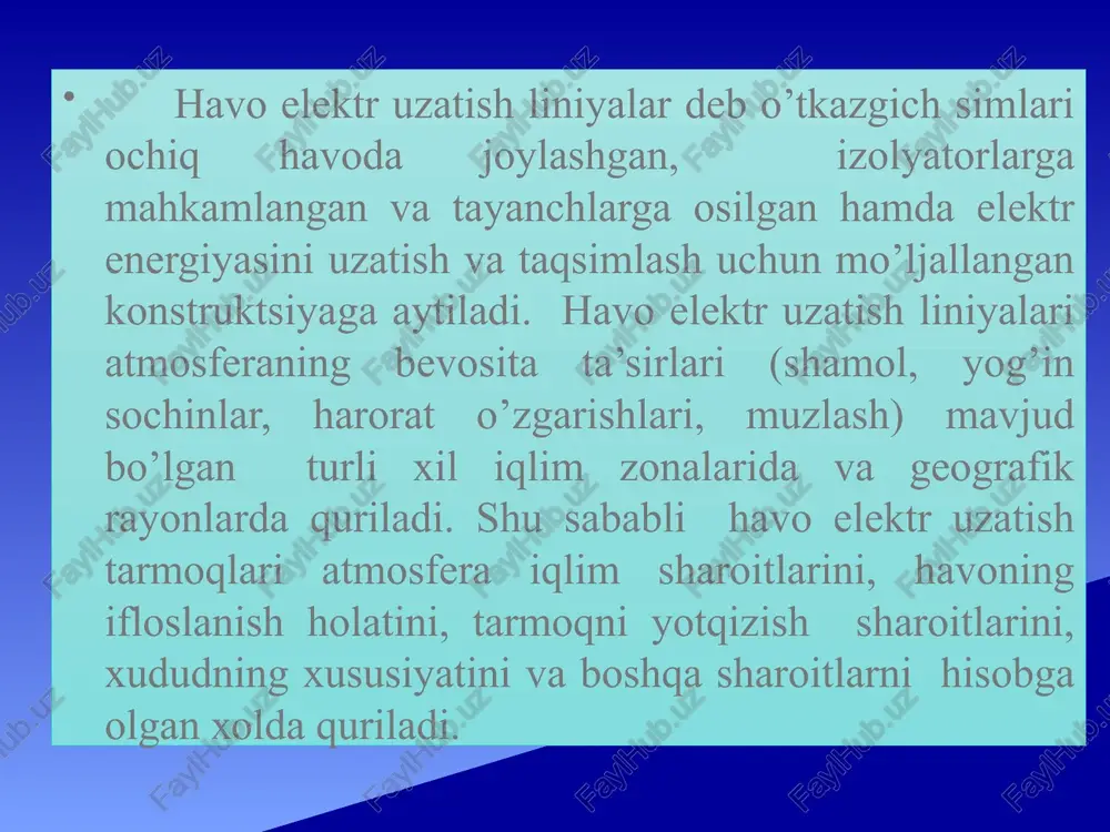 a alyuminiy va po’lat simlarning kesimi alohida ko’rsatiladi. masalan as70/11bo’lsa, alyuminiy simlar 70 mm2 va po’lat simlarning kesimi 11 mm2 bo’ladi. simlar korroziyaga qarshi qoplamali yoki o’zagi to’ldiruvchili bo’lishi mumkin, masalan asks, askp, ask – xuddi as simday faqat o’zagi plenka bilan qoplangan. izolyatsiyalanmagan o’tkazgich simlarning ko’ndalang kesim yuzalari standart bilan aniqlangan (16, 25, 35,50,70,95, 120, 150, 185, 240, 300...800 mm2). o’tkazgich sim materiali sarfini oshirmasdan sim diametrini oshirish uchun g’ovak simlar yoki to’ldirgichli simlar qo’llaniladi havo tarmoqlarining izolyatorlari: a – 6–10 kv li shtirli; b – osma; v – 35 kv li shtirli; g – sterjenli polimer izolyatorlar 2.kabel liniyalari, ma’lum bir sabablarga ko’ra, masalan xududda havo elektr uzatish liniyasi tarmoq simlari bir biriga yoki boshqa konstruktsiya va inshaotlarga halaqit berayotganligidan, texnika xavfsizligi nuqtai nazaridan, iqtisodiy me’zonlar bo’yicha maqsadga muvofiq bo’lmasa, arxitektura loyihalashtirish va boshqa sabablarga ko’ra qurish mumkin bo’lmagan holatlarda, asosan shahar tarmoqlarida qo’llaniladi. kabelning marka va belgilanishida …
