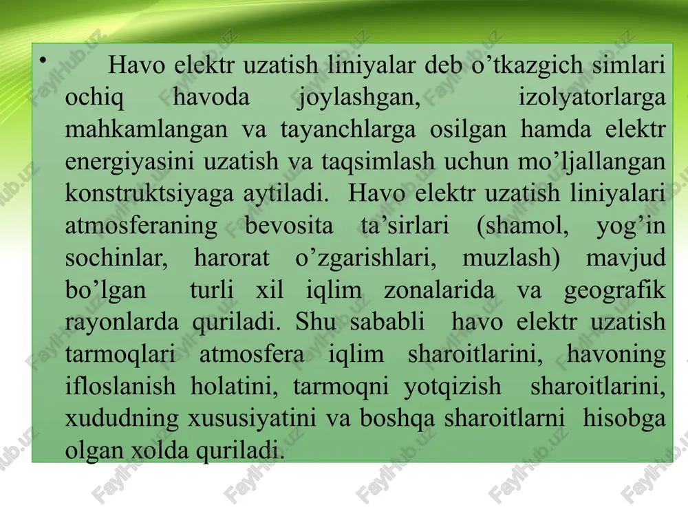 alyuminiy va po’lat simlarning kesimi alohida ko’rsatiladi. masalan as70/11bo’lsa, alyuminiy simlar 70 mm2 va po’lat simlarning kesimi 11 mm2 bo’ladi. simlar korroziyaga qarshi qoplamali yoki o’zagi to’ldiruvchili bo’lishi mumkin, masalan asks, askp, ask – xuddi as simday faqat o’zagi plenka bilan qoplangan. izolyatsiyalanmagan o’tkazgich simlarning ko’ndalang kesim yuzalari standart bilan aniqlangan (16, 25, 35,50,70,95, 120, 150, 185, 240, 300...800 mm2). o’tkazgich sim materiali sarfini oshirmasdan sim diametrini oshirish uchun g’ovak simlar yoki to’ldirgichli simlar qo’llaniladi havo tarmoqlarining izolyatorlari: a – 6–10 kv li shtirli; b – osma; v – 35 kv li shtirli; g – sterjenli polimer izolyatorlar 2.kabel liniyalari, ma’lum bir sabablarga ko’ra, masalan xududda havo elektr uzatish liniyasi tarmoq simlari bir biriga yoki boshqa konstruktsiya va inshaotlarga halaqit berayotganligidan, texnika xavfsizligi nuqtai nazaridan, iqtisodiy me’zonlar bo’yicha maqsadga muvofiq bo’lmasa, arxitektura loyihalashtirish va boshqa sabablarga ko’ra qurish mumkin bo’lmagan holatlarda, asosan shahar tarmoqlarida qo’llaniladi. kabelning marka va belgilanishida uning …