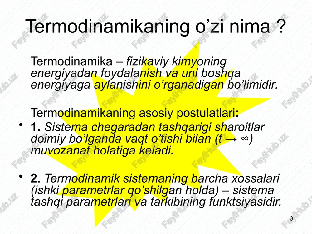 = nrt r – gaz doimiysi. izoterma izobara bosim temperatura hajm 15 gazlar aralashmasi dalton qonuni: gazlar aralashmasi hosil qiladigan bosim – bu gazlar partsial bosimlarining yig’indisi: p = pa + pb + … har qaysi j gaz uchun: partsial bosim - bu idishda bitta gaz bo’lganda hosil qilgan bosimi. pj 16 real gazlar qonunlari van-der-vaals tenglamasi: molyar hajm hajm bosim temperatura 17 ish: asosiy tushunchalar agar ob’ekt unga qo’yilgan kuchga qarshi harakarlansa, u holda ish bajaradi. masalan: gazning kengayishdan bajargan ishi ish issiqlik issiqlik 18 ish: asosiy tushunchalar agar sistema bilan tashqi muhit o’rtasidagi temperatura farqi hisobiga energiya o’zgarsa, u holda energiya issiqlik (q) holida uzatiladi. barcha chegaralar ham energiyani uzatavermaydi. diametrik chegara energiyani issiqlik holida uzatadi. adiabatik chegara energiyani issiqlik holida uzatmaydi. diametrik chegara adiabatik chegara issiqlik holidagi energiya energiya 19 ekzotermik va endotermik jarayonlar jarayonlar: ekzotermik endotermik izotermik misollar ? ekzotermik, endotermik va izotermik jarayonlarda issiqkik bilan …