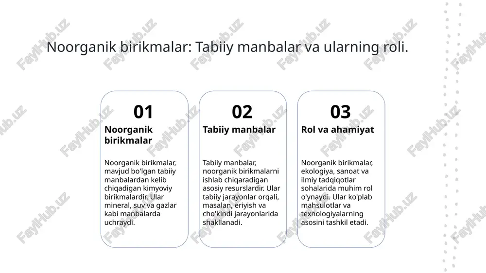 alar orqali qo'llanilmoqda. bu, resurslardan samarali foydalanishni ta'minlaydi. noorganik birikmalar: ilmiy tadqiqotlardagi roli va ahamiyati. 1 noorganik birikmalar va ilmiy tadqiqot noorganik birikmalar, ilmiy tadqiqotlarda muhim rol o'ynaydi. ular yangi materiallar va texnologiyalar yaratishda asosiy asos sifatida xizmat qiladi. 2 tahlil va tadqiqotlar noorganik birikmalarni tahlil qilish, ularning kimyoviy tuzilishini va xususiyatlarini o'rganish orqali yangi ilmiy tadqiqotlar uchun zamin yaratadi. 3 sanoat va innovatsiyalar sanoatda noorganik birikmalardan foydalanish, yangi innovatsion yechimlar va mahsulotlar ishlab chiqarish imkonini beradi, bu esa iqtisodiy o'sishga hissa qo'shadi. 4 ta'lim va ilmiy asos noorganik birikmalarni o'rganish, talabalar va tadqiqotchilar uchun ilmiy bilimlarni rivojlantirishda muhim ahamiyatga ega, bu esa kelajakdagi innovatsiyalarni qo'llab-quvvatlaydi. sanoat jarayonlarida noorganik birikmalar: ilg'or foydalanish usullari. sanoatda noorganik birikmalar ilg'or texnologiyalar ekologik barqarorlik sanoat jarayonlarida noorganik birikmalar, masalan, kislotalar va asoslar, kimyoviy mahsulotlarni ishlab chiqarishda muhim rol o'ynaydi. noorganik birikmalarni qo'llashda ilg'or texnologiyalar, masalan, katalizatorlar va membranalar, jarayonlarni samarali va iqtisodiy jihatdan foydali …