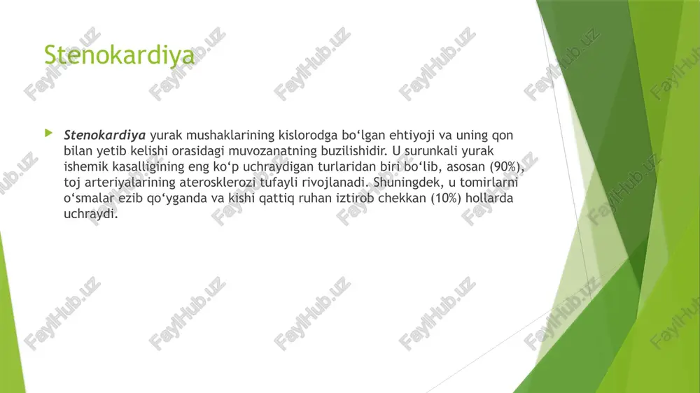 lishi kerak. bundan tashqari, stenokardiyada qon bosimi tushib ketadi, bemor rangi oqarib ketadi, pul’si ipsimon bo‘lib qoladi, ba’zan bemor hatto hushidan ketib qoladi. davosi. stenokardiya kasalligini davolash jarayonida bir necha qoidalarga amal qilish kerak. bunda, asosan, og‘riqlarni yo‘qotish, toj arteriyalarini kengaytirib, miokardga kislorodning kerakli miqdorda yetishini ta’minlash va miokard infarkti rivojlanishining oldini olish zarur. bu maqsadda hozirgi kunda keng miqyosda ishlatiladigan toj arteriyalarini kengaytiruvchi dorilar — nitro­glitserin, nitrosorbid, sustak, erinit, nitret, nitrong, kordafen, korinfar, nitropeton kabi vositalar yaxshi ta‘sir ko‘r-satadi. bundan tashqari, tinchlantiruvchi trankvilizatorlar (rudo-tel) va bar­bituratlar (parsantin, kurantil, eufillin) tayinlanadi. sustak degan dori, ayniqsa, samarali hisoblanadi. toj arteriyalarining mayda tarmoqlari va kapillarlarini kengaytiruvchi kurantil ham yaxshi ta’sir ko‘rsatadi. ko‘pincha stenokardiya xuruji yurak urish maromini buzib, ekstrosistoliya, ya’ni yurak-ning navbatdan tashqari urishiga sabab bo‘lishi mumkin. bu holda izoptinni 1,0 ml dan vena ichiga yuborgan ma’qul. shu bilan birga, boshqa dorilar ham buyuriladi (kordaron, xinidin, ritmilen). steno­kardiya xurujlarini bartaraf etish va …