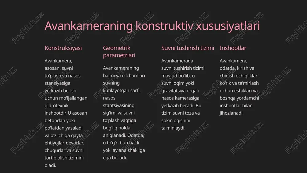 m tekshirish, oportunistik ta'mirlash strategiyasini qabul qilish gidrotexnik inshootlar samaradorligini oshirishning asosiy yo'nalishlari konstruktsiyani yaxshilash, energiya tejamkorligini oshirish va doimiy texnik xizmat ko'rsatishdir. yangi materiallar va texnologiyalar qo'llash, tejovchi jihozlar o'rnatish hamda muntazam ta'mirlash ishlarini amalga oshirish orqali inshootlarning ishlash unumdorligi, xavfsizligi va umr davomiyligini oshirish mumkin. 8 gidrotexnik inshootlarni ekspluatatsiya qilish talablari muntazam nazorat va texnik xizmat ko'rsatish - gidrotexnik inshootlarning uzluksiz va xavfsiz ishlashini ta'minlash uchun zarur. suvning kirish va chiqish yo'nalishlarini erkin ochiq tutish - suv oqimining kesintisiz harakatlanishi uchun muhim. binolar, konstruktsiyalar, armaturalar va boshqa qismlarning yetarli mustahkamligi - inshootlarning xavfsiz va barqaror ishlashiga zamin yaratadi. texnologik jihozlarning doimiy ishga tayyor holda saqlash - yuzaga kelishi mumkin bo'lgan nosozliklarni tez bartaraf etish imkonini beradi. sanitariya-gigiena talablariga to'liq javob berish - atrof-muhit va suv resurslarini saqlash uchun zamin yaratadi. 9 xulosa va tavsiyalar nasos stantsiyasining suv keltiruvchi gidrotexnik inshootlari - avankamera va nasos kamerasi - loyihalash, qurish …