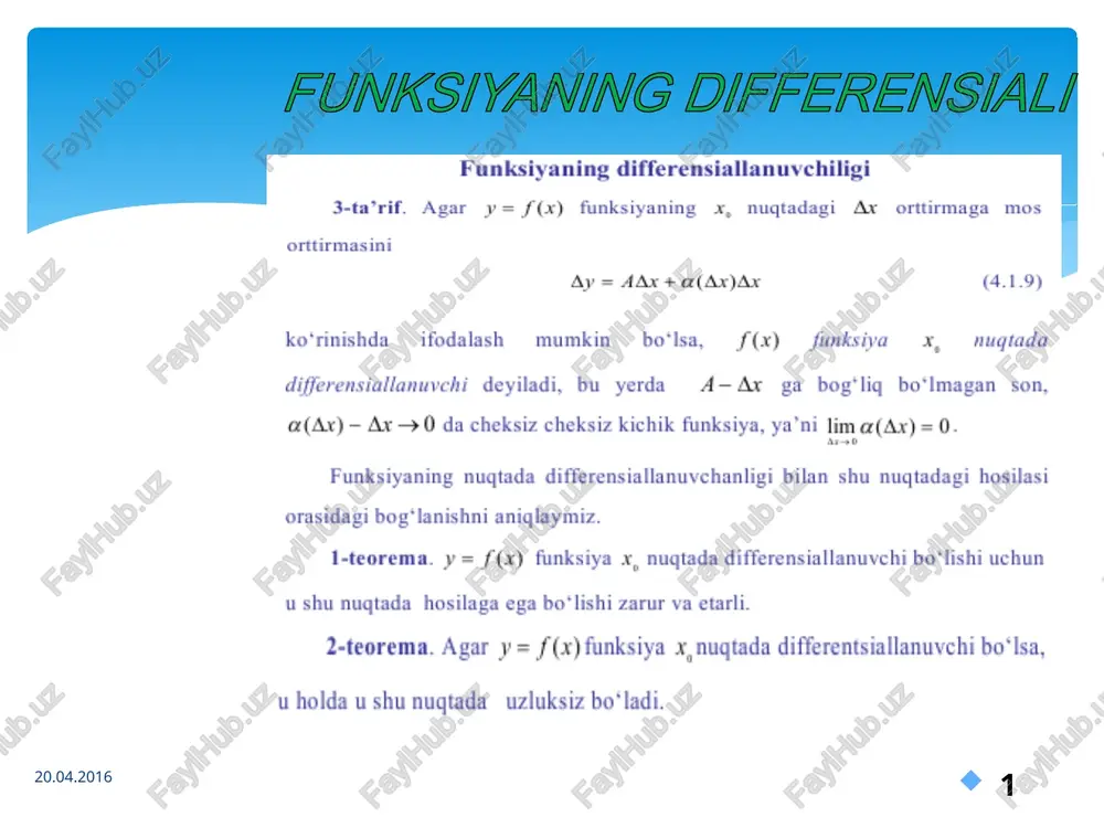 yib xossaga ega: uning hosilasi o‘ziga teng ekan. asosiy elementar funksiyalarning hosilalari y=logax (a>0, a1, x>0) logarifmik funksiyaning hosilasi. bu funksiya x=ay funksiyaga nisbatan teskari funksiya bo‘lgani uchun teskari funksiyaning hosilasini topish qoidasiga ko‘ra ya’ni xususan, formula o‘rinli logau(x) funksiya uchun quyidagi formula o‘rinli: trigonometrik funksiyalarning hosilasi qanday topiladi? 20.04.2016 funksiyaning differensiali . asosiy elementar funksiyalarni differensiallash qoidalari 20.04.2016 funksiyaning differensiali faraz qilaylik, y=f(x) funksiya (a;b) intervalda differensiallanuvchi va f(x)>0 bo‘lsin. u holda shu intervalda lny=lnf(x) funksiya aniqlangan bo‘ladi. bu funksiyani x argumentning murakkab funksiyasi sifatida qarab, x nuqtadagi hosilasini hisoblash mumkin bo‘lgan x0 nuqtada f(x) funksiyaning hosilasini topish kerak bo‘lsin. murakkab funksiyaning hosilasini topish qoidasidan foydalanamiz: =(lnf(x))’, bundan y’=y(lnf(x))’ (1) formulaga ega bo‘lamiz. funksiya logarifmidan olingan hosilaga logarifmik hosila deyiladi logarifmik hosila. daraja-ko‘rsatkichli funksiyaning hosilasi misol. y= funksiyaning hosilasini toping. yechish. berilgan funksiyani logariflaymiz: lny=2ln(x+1)-3ln(x+2)-4ln(x+3). bu tenglikdan hosila olib, ushbu tenglikka ega bo‘lamiz: bundan y’= funksiyaning hosilasini mustaqil ravishga …