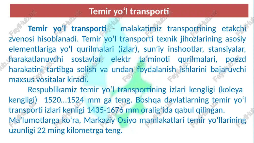 ha 4/5 qismi dengiz transportida tashilmoqda. 11 yuklarni dengiz transporti bilan tashish 12 asosiy dengiz yo`llari turli mahsulotlarni ishlab chiqaruvchi va ularni iste’mol qiluvchi davlatlar o'rtasida tashkil qilingan. odatda, afrika, lotin amerikasi, osiyo, avstraliyadan turli sanoat va qishloq xo'jalik xomashyolari, asosan, yevropa, yaponiya, shimoliy amerika mamlakatlariga, ulardan esa aholi va xalq xo'jaligi uchun turli iste’mol mahsulotlari dunyoning barcha iste’mol chi hududlariga yetkazib beriladi. jahon dengiz transporti rivojlanishi va geografiyasida dengiz bo‘g‘izlari va xalqaro kanallarning ham ahamiyati katta. aynan ular jahon dengiz yo'llarining eng serqatnov chorrahalari hisoblanadi. 13 dengiz konteynerlarining barcha turlaridan odatda aralash aloqada (turli transport turlaridan foydalangan holda) yuk tashish uchun foydalaniladi. barcha konteynerlar unifikatsiya qilingan tashqi gabarit o‘lchamlariga ega. dengiz bo`g'izlari orasida eng yirigi la-mansh bo'g izidir. u orqali bir kecha-kunduzda 500 gacha kema o‘tadi. keyingi o’rinlarda turuvchi bo`g'izlar: eresunn (zond) - 175 ta, gibraltar - 200 ta, xormuz - 100 ta, malakka - 80 ta, bosfor 40 …