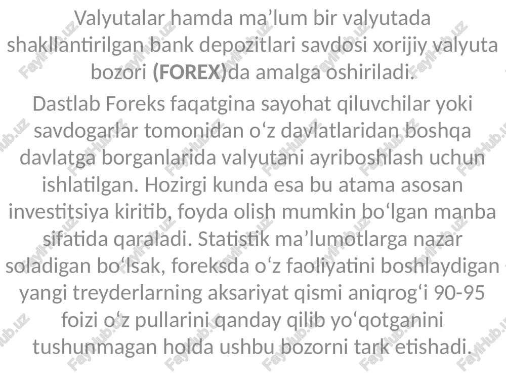 lar quyidagi koʻrinishda boʻladi: ayriboshlash kurslarini qay tartibda belgilanishini yoki oʻzgarishini biror bir belgilangan joyga borib kuzatishning imkoni yoʻq. sababi valyutalarni ayriboshlash nyu york, tokyo va shu kabi boshqa birjalarda amalga oshirilmaydi. aksincha, xalqaro valyuta bozori birjadan tashqari tartibga solingan bozor (over-the-counter) hisoblanadi. valyutalar juftligi sotish narxi sotib olish narxi ular orasidagi farq eur/usd 1.3350 1.3354 0.030% usd/eur 0.7487 0.7489 0.027% usd/jpy 99.16 99.19 0.030% jpy/usd 0.0101 0.0101 0.000% usd/gbp 0.6289 0.6289 0.000% gbp/usd 1.5904 1.5906 0.013% ushbu bozorda yuzlab dillerlar (asosan banklar) xorijiy valyutadagi depozitlarni sotish va sotib olishga tayyor turishadi. ushbu dillerlar asosan kelishuvlarni telefon va kompyuterda amalga oshirishadi. ushbu bozorning funksiyalari markazlashgan bozor funksiyalaridan farq qilmaydi. eʼtibor qaratilishi lozim boʻlgan holat, banklar, kompaniyalar va hukumatning xalqaro valyuta bozorida valyutalarni sotib olishi hamda sotishi haqida soʻz yuritilganda bu yerda ularning valyutani oʻzini sotib olishi nazarda tutilmaydi. yaʼni bank dollar sotib oldi deyilganda bankning dollarda shakllantirilgan depozitni sotib olganligi …