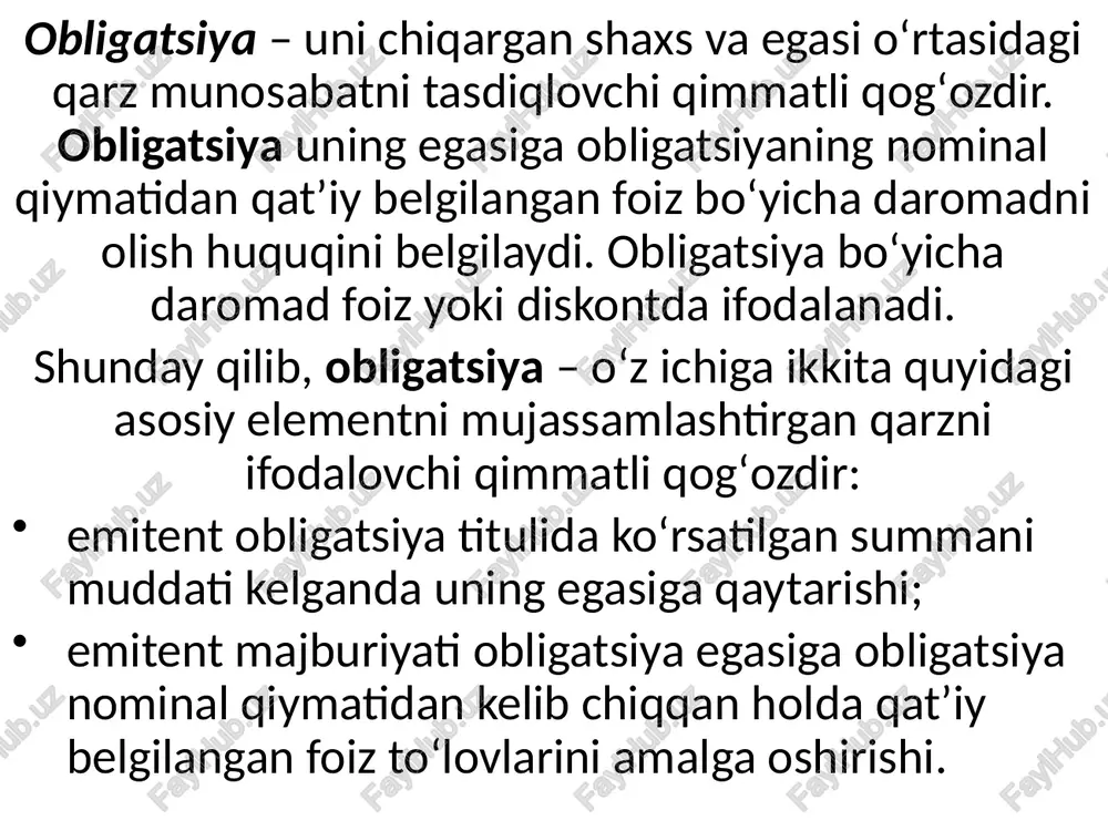 uchun toʻlov obligatsiyaga egalik qilish huquqi cheklanganligi konvertatsiyal anuvchi obligatsiyalar qarz majburiyati qiymati pasayishi imkoniyati qoʻyilmalar xavfsizligining yuqori darajasi aksiyadorlar tarkibining kengayishi natijasida gʻarazli ak- siyadorlar paydo boʻlishi boshqa obligatsiyalarga nisbatan daromad pastroq boʻlishi mumkin qarz munosabatini anglatuvchi moliyaviy instrumentlar sifatida obligatsiyalar qatʻiy belgilangan daromad keltiruvchi qimmatli qogʻozlar toifasiga kiritiladi. bunday toifaga qatʻiy belgilangan miqdorda dividend toʻlash belgilab qoʻyilgan imtiyozli aksiyalarni ham kiritish mumkin. obligatsiyalarni daromad toʻlash shakllari boʻyicha quyidagicha uchta tur keng qoʻllaniladi: kuponli, qatʻiy belgilangan yoki suzib yuruvchi kupon stavkali obligatsiyalar; diskontli (kuponsiz), yoki nollik kuponli obligatsiyalar; qoplash vaqtida daromad toʻlanadigan obligatsiyalar. kuponli obligatsiyalar qarzning asosiy summasi qaytarilishi bilan bir vaqtda davriy ravishda pul toʻlovlarini ham nazarda tutadi. bunday toʻlovlarning miqdori nominalga nisbatan foizlarda ifodalanadigan kupon stavkasida belgilanadi. kuponli toʻlovlar odatda bir yil davomida bir, ikki yoki toʻrt marta amalga oshiriladi. bunday qimmatli qogʻozlar harakati natijasidagi pul oqimlari qatʻiy belgilangan kuponda operatsiya muddatining oxirida obligatsiyaning diskontlangan nominal qiymatiga …