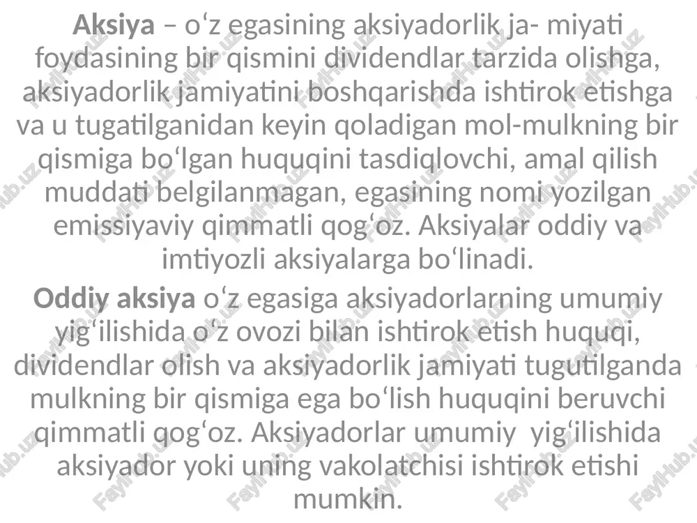 elgilanadi. imtiyozli aksiyalarga bunday huquqlar berish taqdimotini imtiyozli aksiya egalari ovoz berish huquqiga ega emasliklari va buning uchun imtiyozli aksiya egalariga qandaydir kompensatsiya tariqasida koʻrish mumkin. imtiyozli aksiyalar kumulyativ va nokumulyativ boʻlishi mumkin; konvertlanadigan va konvertlanmaydigan; daromadli (ular yana ishtirok huquqi mavjud aksiyalar deb ham nomlanadi) va muddati uzaytirilgan jamiyat foydasidan yuqori qatʼiy belgilangan dividendlar olish huquqini beruvchi; qaytariluvchi va qaytarilmaydigan; suzib yuruvchi kurs bilan belgilangan va boshqalar. kumulyativ imtiyozli aksiyalar imtiyozli aksiyalar boshqa turlari orasida keng tarqalgan aksiyalardir. kumulyativ aksiyalar emissiya qilinayotganida jamiyat ustavida belgilanishi lozim boʻlgan ular boʻyicha toʻlanmagan yoki toʻliq toʻlanmagan dividendlar miqdori jamgʻarilib boriladi va keyinchalik toʻlanadi. emitent tomonidan ushbu aksiyalar boʻyicha navbatdagi toʻlanmagan dividendlarni toʻlov- ni amalga oshirmasligi majburiyatlarni buzganlik deb qaralmaydi. nokumulyativ imtiyozli aksiyalar boʻyicha toʻlanmagan divi- dendlarni jamgʻarib borish mumkin emas. agar aksiyadorlik jamiyati nokumulyativ imtiyozli aksiyalar boʻyicha dividendlar toʻlashni eʼlon qilmagan boʻlsa, aksiyadorlar hech qanday kompensatsiya (aksiya uchun qoplamalar)siz dividendlarni yoʻqotadi. konvertatsiyalanuvchi …
