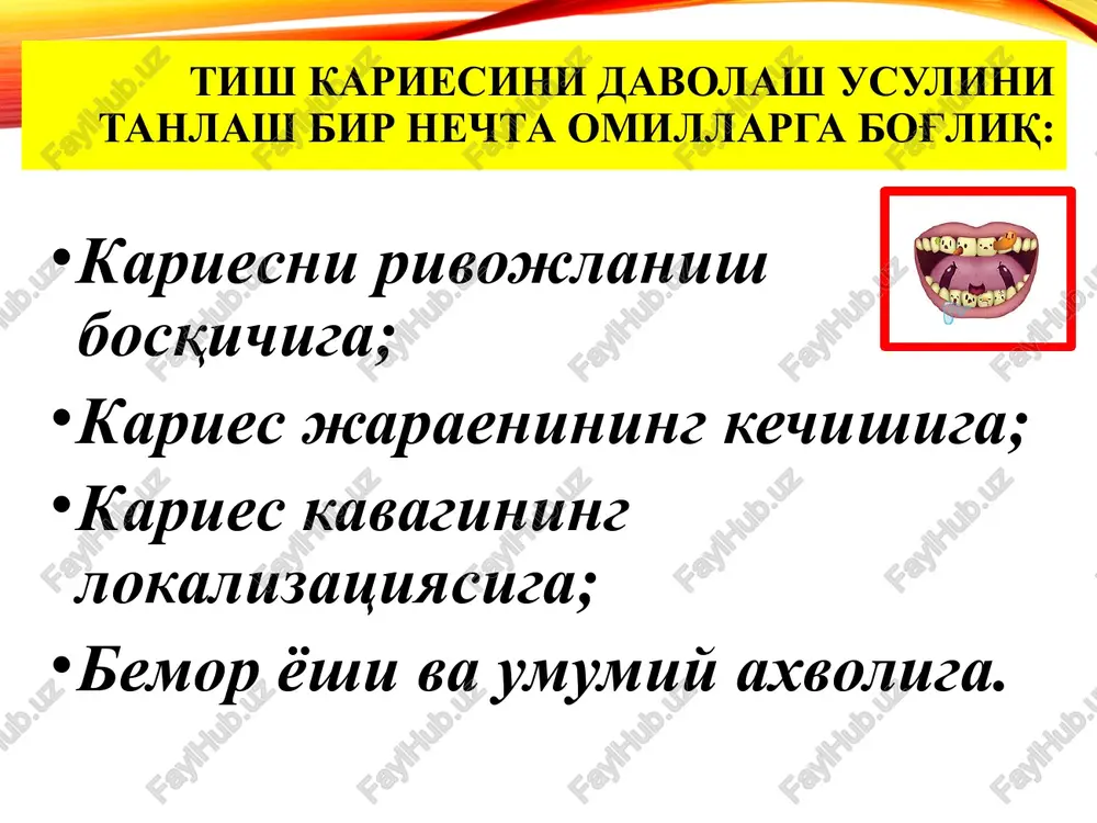 st soxadagi kichik va o'rta kavaklarda bajariladi. kirish yuzasidan kelib chiqqan xolda vestibulyar va oral slot- charxlash xili mavjud. 26 tishda tanglay yuzadan slot-charxlash usuli. minimal invaziv davolashning avzalliklari: tish strukturasiga minimal ta'sir etish, ayniqsa immun zonalarga; davolashga kam vaqt ketishi; xavf faktorini adekvat nazoratida yuqori estetik restavratsiyaga erishish mumkin; restavratsiyani xizmat vaqtini uzoqligi; og'riqni kam yoki umuman bo'lmasligi; tish karashini fissura va chuqurchalardagi retentsiyasini oldini olish natijasida, profilaktik samarani vujudga kelishi. minimal invaziv davolash usulining kamchiliklari: stomatologning kasbiy maxoratiga yuqori talab; stomatologni zamonaviy texnik jixozlanganligi; usullarni kam taniqliligi va umumqabul qilingan blek kontseptsiyasiga qarama-qarshiligi. tunnel charxlash usuli tunnel charxlash – bu tishning kontakt yuzasidagi karioz o'choqni chaynov yuza orqali charxlashni o'tkazib, emal qirrasini saqlash. karies ikkita tish toj qismining kontakt nuqtasidan pastroqda “xavfli uchburchak” (triugolnik riska) ko'p uchraydi. suyuq oquvchi shits, kompomer plomba ashelari bilan, ajratuvchi matritsa o'rnatgan xolda kavakni tiklaymiz. pastki molyar va premolyarlarda kariesni tunnel charxlash va …