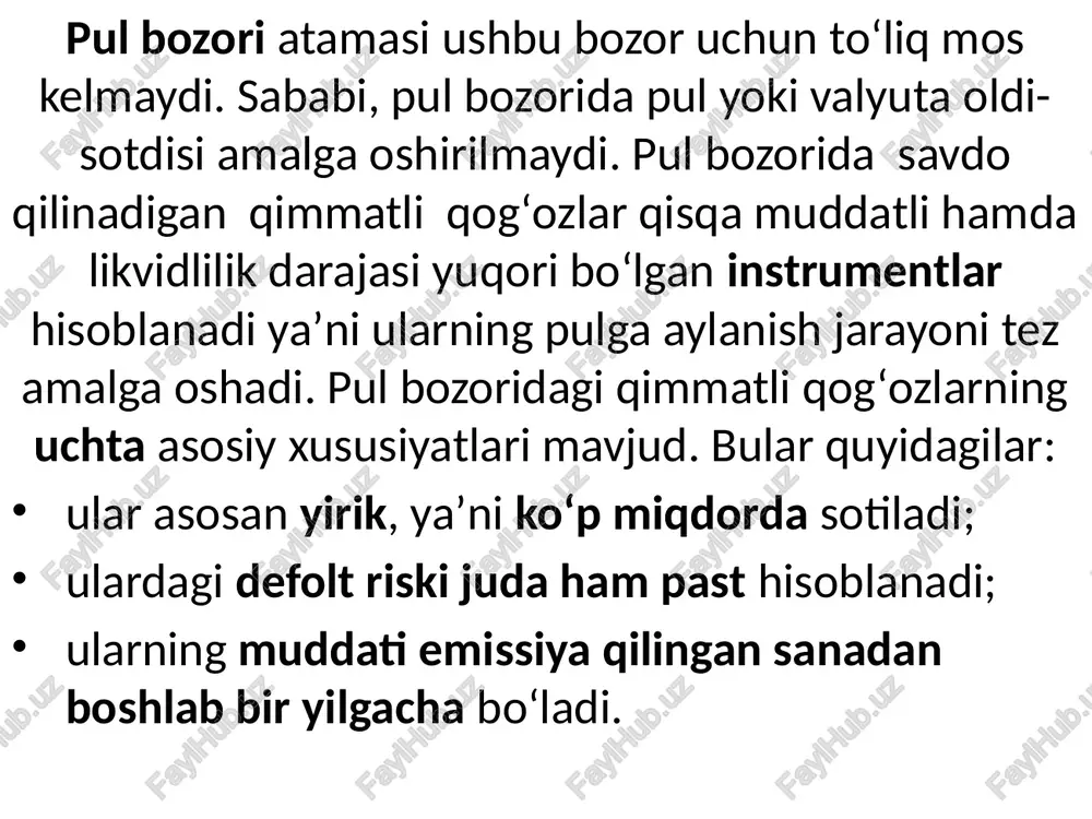 muddatga ega boʻlsada ayrim hollarda bu muddat 1 oydan 3 oygacha ham boʻlishi mumkin. 3. depozit sertifikatlari bank tomonidan emissiya qilinuvchi qimmatli qogʻoz boʻlib, oʻzida muddatni hamda foiz stavkasini aks ettiradi. ushbu turdagi qimmatli qogʻoz oraliq instrument boʻlib, belgilangan muddat tugagandan soʻng ushbu sertifikatni bankga taqdim etgan shaxs asosiy summani hamda foiz toʻlovini qoʻlga kiritadi. aqsh misolida koʻradigan boʻlsak, depozit miqdori $100 000 dan $10 milliongacha boʻladi. 4. real sektor korxonalari tomonidan emissiya qilinadigan pul bozori instrumenti bu tijorat qogʻozi (sommercial paper) hisoblanadi. tijorat qogʻozi taʼminlanmagan qarz majburiyatini ifodalovchi, korxonalari tomonidan emissiya qilingan qimmatli qogʻoz boʻlib, odatda muddati 270 kungacha boʻladi. sababi ushbu qimmatli qogʻoz taʼminlanmagan boʻlib, buning muddatini uzaytirish bankrotlik riskini oshirib yuboradi. faqatgina kreditga layoqatli korxonalar ushbu turdagi qimmatli qogʻozni emissiya qilish imkoniga ega. ularni emissiya qilish talablari mavjud boʻlib, unga koʻra ularning muddati aqsh amaliyotida 270 kundan oshmasligi lozim. asosiy qimmatli qogʻozlar asosan 20 kundan 45 kungacha …