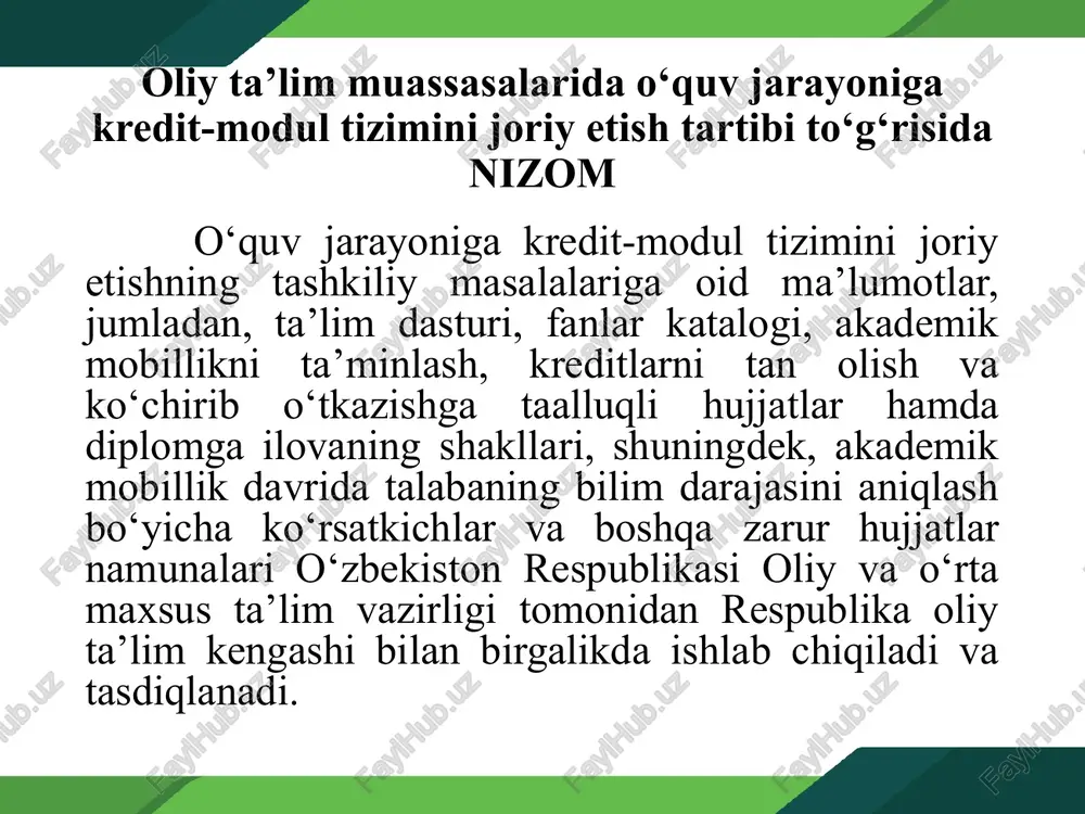 tanlov fanlari tarkibi va ularni o‘rganishga ajratiladigan kreditlar miqdori oliy ta’lim muassasasi tomonidan mustaqil belgilanadi. talabalar shaxsiy ta’lim trayektoriyasida belgilangan tanlov fanlari doirasida fanlarni mustaqil tanlashi mumkin. o‘quv jarayonini rejalashtirish, monitoring olib borish 15. o‘quv yili davomiyligi 36 haftagacha bo‘lib, shundan 30 haftasi akademik davrga, 2 haftasi fanlarni tanlash uchun ro‘yxatdan o‘tishga, 4 haftasi attestatsiyalarga ajratiladi. o‘quv yili davomiyligi o‘quv jarayoni jadvaliga muvofiq oliy ta’lim muassasasi kengashining qarori bilan o‘zgacha tartibda belgilanishi mumkin. kredit-modul tizimida 1 kredit o‘rtacha 25 — 30 akademik soatlik o‘quv yuklamasiga teng. ya’ni talaba muayyan fandan tegishli kreditlarni to‘plashi uchun ma’lum miqdordagi o‘quv yuklamasini o‘zlashtirishi zarur. kreditning soatlardagi miqdori va o‘quv yuklamasi miqdori oliy ta’lim muassasasi kengashi tomonidan belgilanadi va oliy ta’lim muassasasi veb-sahifasida shaffof tarzda joylashtiriladi. o‘quv jarayonini rejalashtirish, monitoring olib borish bakalavriat ta’lim yo‘nalishlari va magistratura mutaxassisliklarida talaba odatda bir semestrda 30 kredit, bir o‘quv yilida 60 kredit to‘plashi belgilanadi. talaba o‘zining shaxsiy ta’lim …