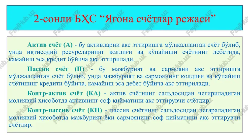 1 110 turarjoy binolari amortizatsiyasi 021 noturar joy imoratlarning eskirishi 231 120 noturarjoy binolari amortizatsiyasi 022 inshootlarning eskirishi 231 130 boshqa inshootlar amortizatsiyasi 025 transport vositalarining eskirishi 231 210 transport vositalari amortizatsiyasi 023 mashina va jixozlarning eskirishi 231 221 informatsion, kompyuter va telekommunikatsion jihozlar amortizatsiyasi 231 222 boshqa turdagi mashina va jihozlar amortizatsiyasi 029 boshqa asosiy vositalarning eskirishi 231 311 mahsuldor va ishchi hayvonlar amortizatsiyasi 231 312 ko'p yillik daraxtlar va o'simlik resurslari amortizatsiyasi 231 321 tadqiqot va ishlanmalar amortizatsiyasi 231 322 foydali qazilmalarni qazib olish amortizatsiyasi 231 323 kompyuter dasturiy ta'minoti amortizatsiyasi 231 324 ma'lumotlar bazasi amortizatsiyasi 231 325 ko'ngilochar, kutubxona, badiiy va ijodiy qiymatliklar amortizatsiyasi 231 326 boshqa turdagi intellektual mulk ob'ektlari amortizatsiyasi 231 400 harbiy asosiy vositalar amortizatsiyasi amaldagi byudjet tashkilotlarida buxgalteriya hisobining schetlar rejasi yangi (2-bhs) 2021 yildan amaliyotga kiritiladigan yagona schetlar rejasi schyot raqami sub schyot raqami subschyotlarning nomi bo'lim kichik bo'lim subschyotlarning nomi 07 …