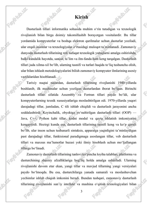 dasturchilarga kod yozishni tez va samarali qilish imkoniyatini yaratadi. masalan, python dasturlash tili o‘zining oson sintaksisi va keng kutubxonalari bilan sun’iy intellekt, ma’lumotlar tahlili va veb-dasturlashda keng qo‘llaniladi. ikkinchidan, past darajadagi tillar (low-level languages) apparatga yaqin bo‘lib, tizim darajasida ishlash uchun mo‘ljallangan. assembly va c tili ushbu guruhga kiradi. assembly tili har bir instruktsiya uchun to‘g‘ridan-to‘g‘ri apparat kodiga yaqin bo‘lib, tizim resurslarini maksimal darajada samarali boshqarish imkonini beradi. c tili esa yuqori darajadagi tillarga nisbatan kamroq apparatga yaqin bo‘lib, tizim dasturlarini yozishda keng qo‘llaniladi va operatsion tizimlar, drayverlar ishlab chiqishda muhim ahamiyatga ega. uchinchi, funktsional tillar (functional programming languages) muhim paradigmani tashkil etadi. haskell, scala va erlang bu guruhga kiradi. bu tillar funksiyalar bilan ishlashga asoslangan bo‘lib, dasturlarni funksiya sifatida yozishga imkon beradi. funktsional tillar yordamida yozilgan kod ko‘pincha soddaroq, ishonchli va parallel hisoblashlarda samarali bo‘ladi. masalan, haskell tilida yozilgan dasturlar yuqori darajadagi matematik ifodalar va matematik modelga asoslangan bo‘lishi …