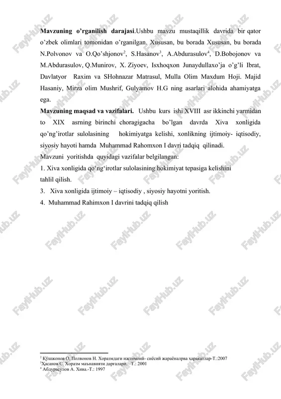 qilish i-bob. xiva xonligining tashkil topishi, xviii asrning 60- yillarida xiva xonligida siyosiy vaziyat. 1.1. xiva xonligining vujudga kelishi. markaziy osiyo ayniqsa o’zbek xalqi tarixida xonliklar davri alohida o’rin tutadi. ko’p ming yillik o’zbek xalqi tarixida bu davr o’zining muddati bilanginaemas, balki, shu davrda xalqimizning ijtimoiy-siyosiy hayotida yuz bergan judakatta voqealar bilan ham ajralib turadi.temur vafotidan so’ng temuriy shahzodalar o’rtasida boshlanib ketgan to’xtovsiz urushlar sohibqiron ne mashaqqatlar bilan bunyod etgan qudratli davlatni parchalanib ketishiga sabab bo’ldi. asta-sekin bu qudratli davlat tarkibidan qator davlatlar va mulklar ajralib chiqib ketdi. xorazmdan astrobodgacha keng hududda joylashgan turkmanlar birinchilardan bo’lib temuriylar davlatidan ajralib chiqdilar. xuddi shu vaqtda farg’ona vodiysi ham ajralib, mustaqil bo’lib oldi. shuningdek, hisor va badaxshon ham mustaqil davlatga aylandi. natijada o’rta osiyodagina emas balki, xuroson va eron hududlarida ham temuriylar davlati qulagan edi. temuriylar davrida buyuk temur davlatining bunday parchalanib ketishi g’arbda qora dengiz qirg’oqlaridan boshlanib, sharqda irtish daryosi va balxash …